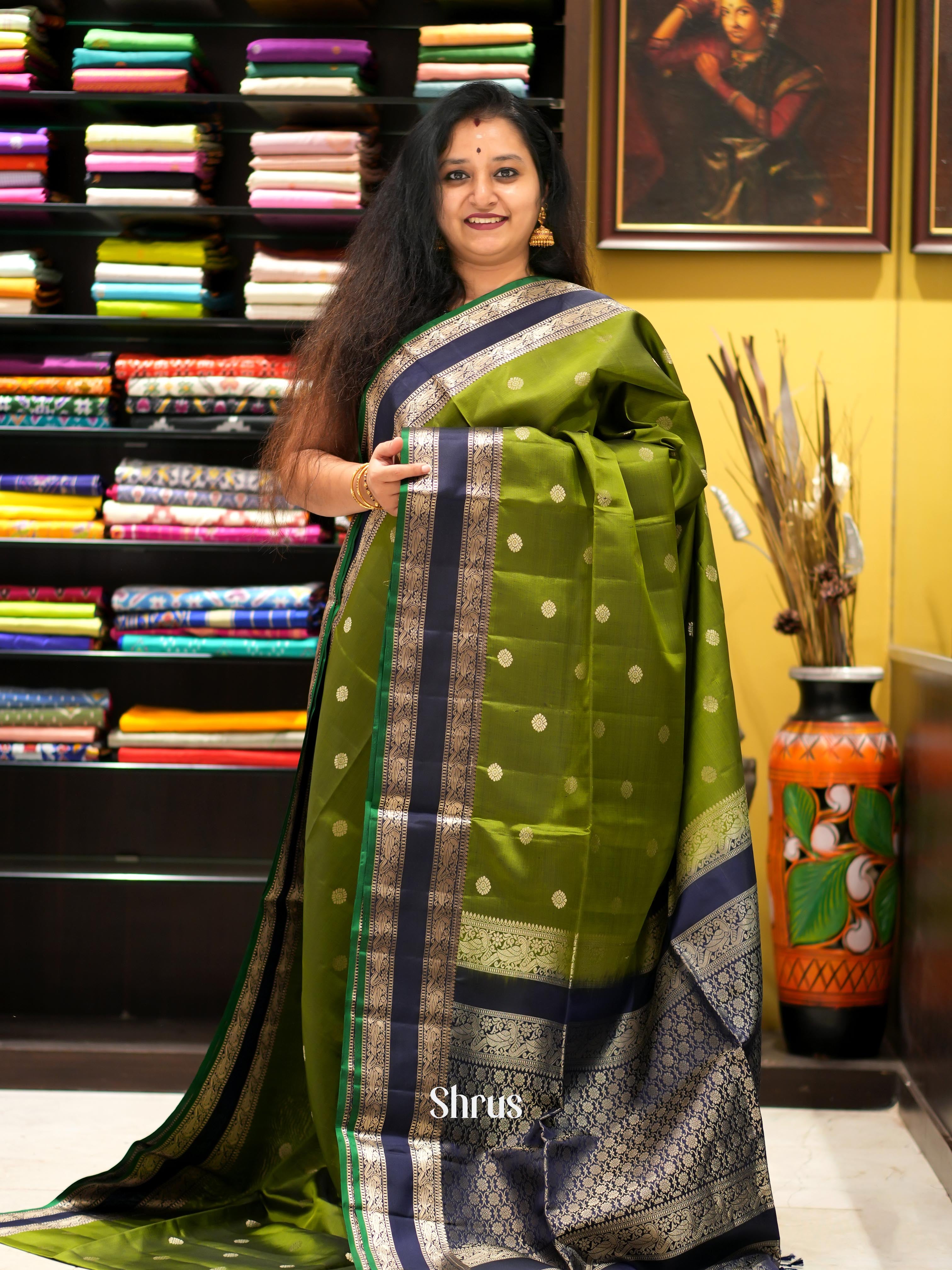 Green & Blue - Kanchi Border Soft Silk Saree - Shop on ShrusEternity.com