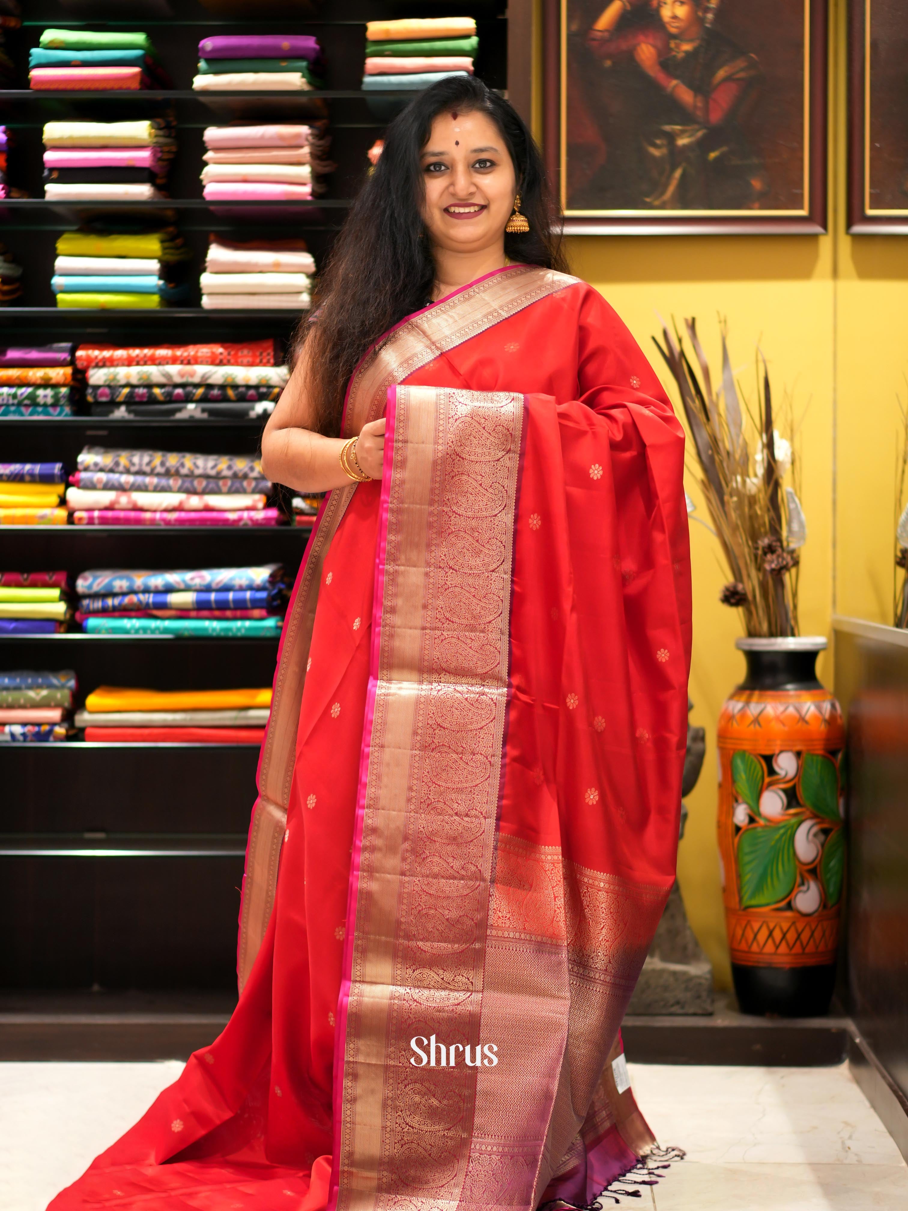 Red & Purple- Kanchi Border Soft Silk Saree - Shop on ShrusEternity.com