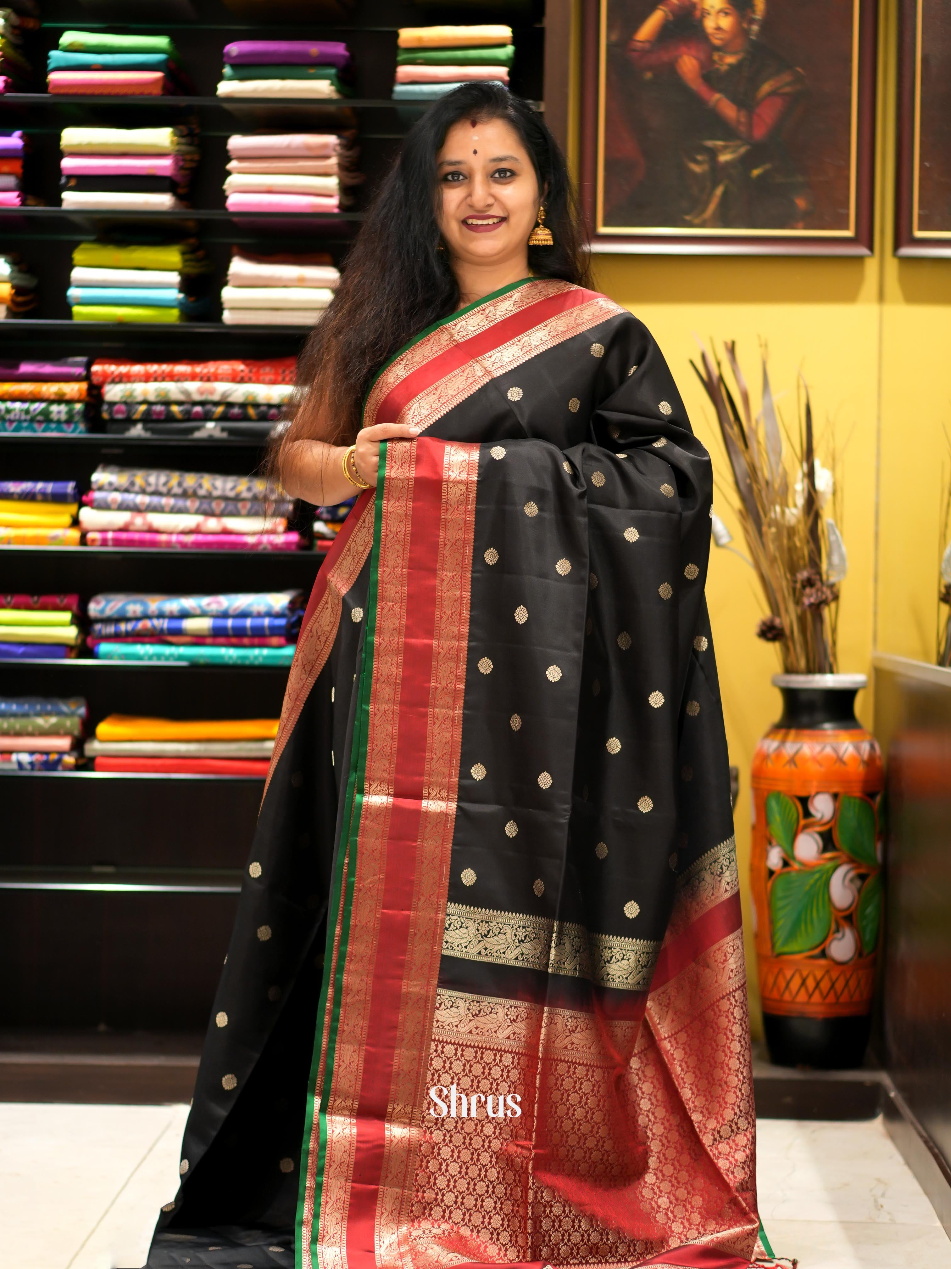 Black & Red - Kanchi Border Soft Silk Saree - Shop on ShrusEternity.com