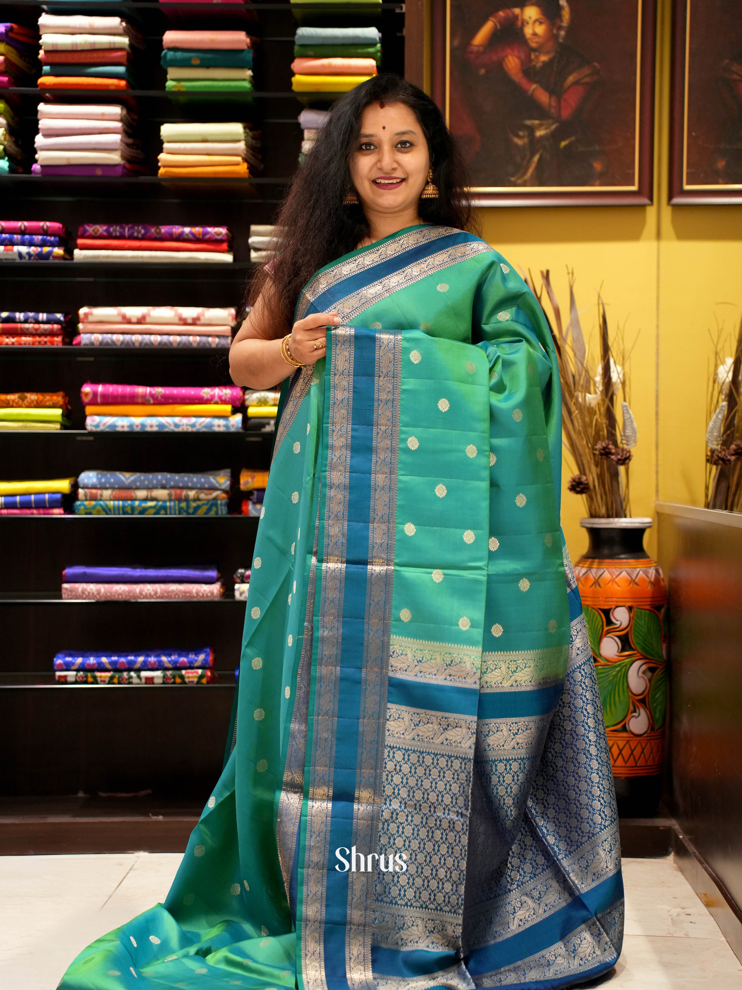 Green & Blue - Soft Silk Saree - Shop on ShrusEternity.com