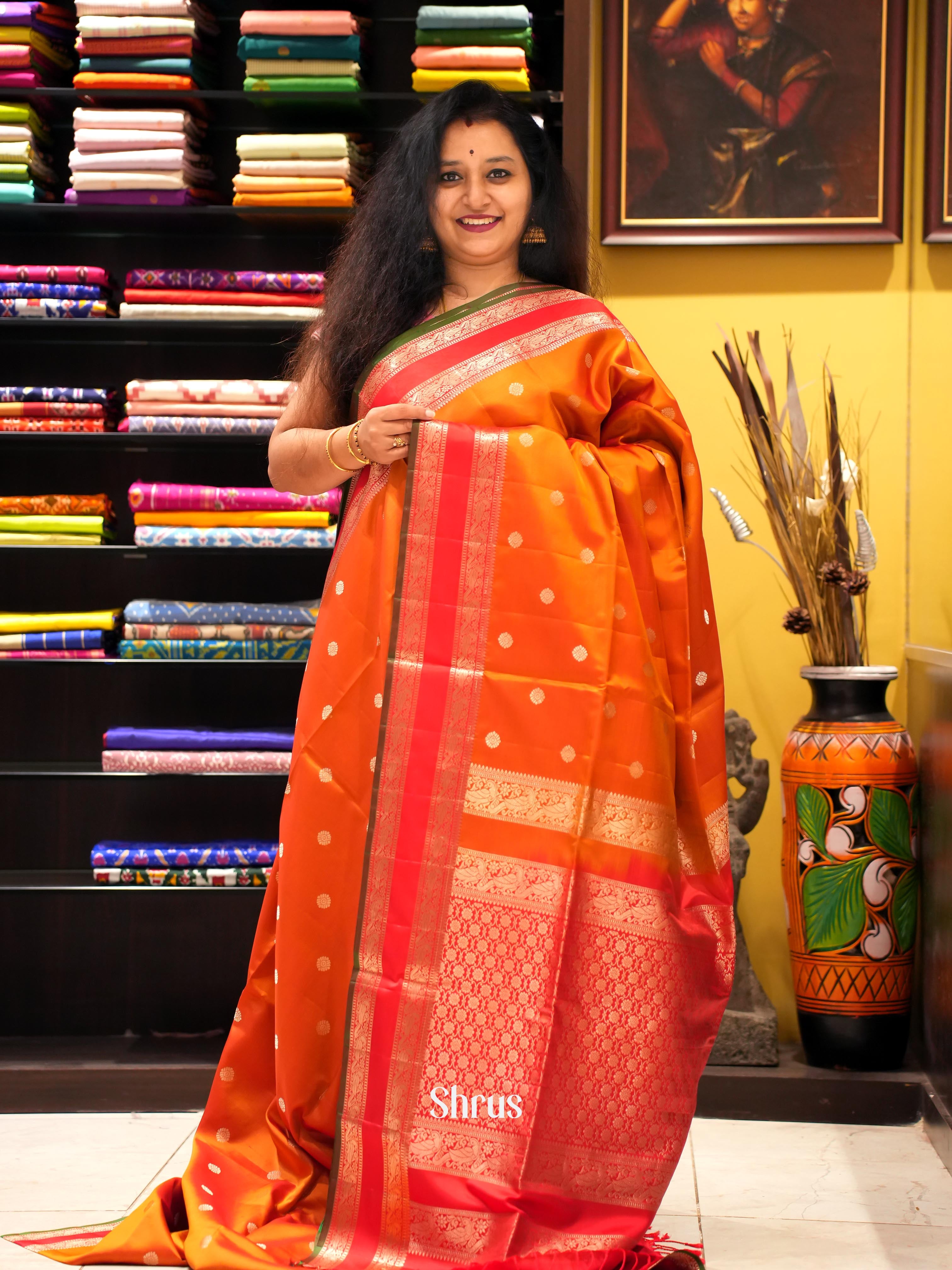 Orange & Red - Soft Silk Saree - Shop on ShrusEternity.com
