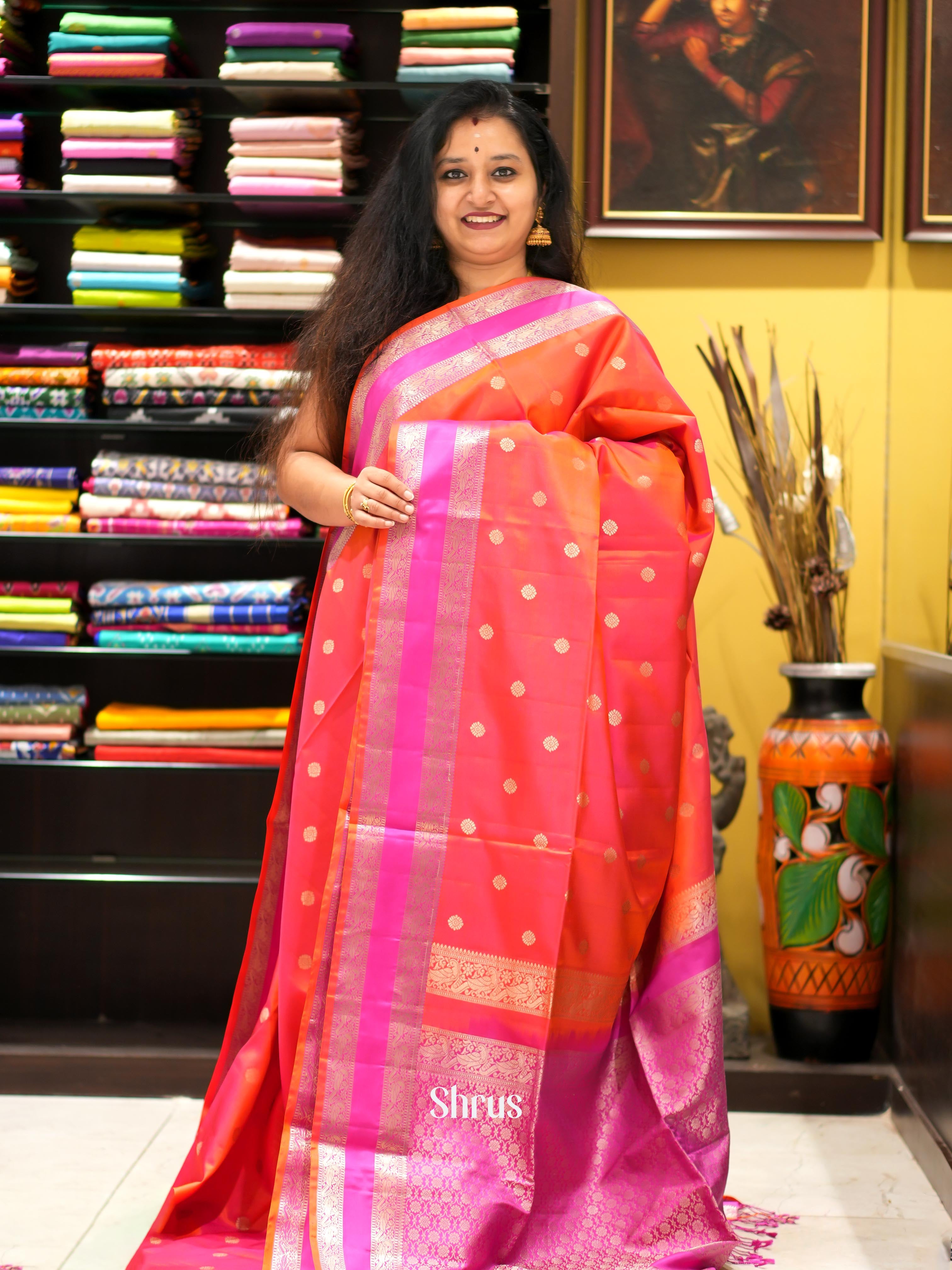 Orangish Pink & Pink - Kanchi Border Soft Silk Saree - Shop on ShrusEternity.com