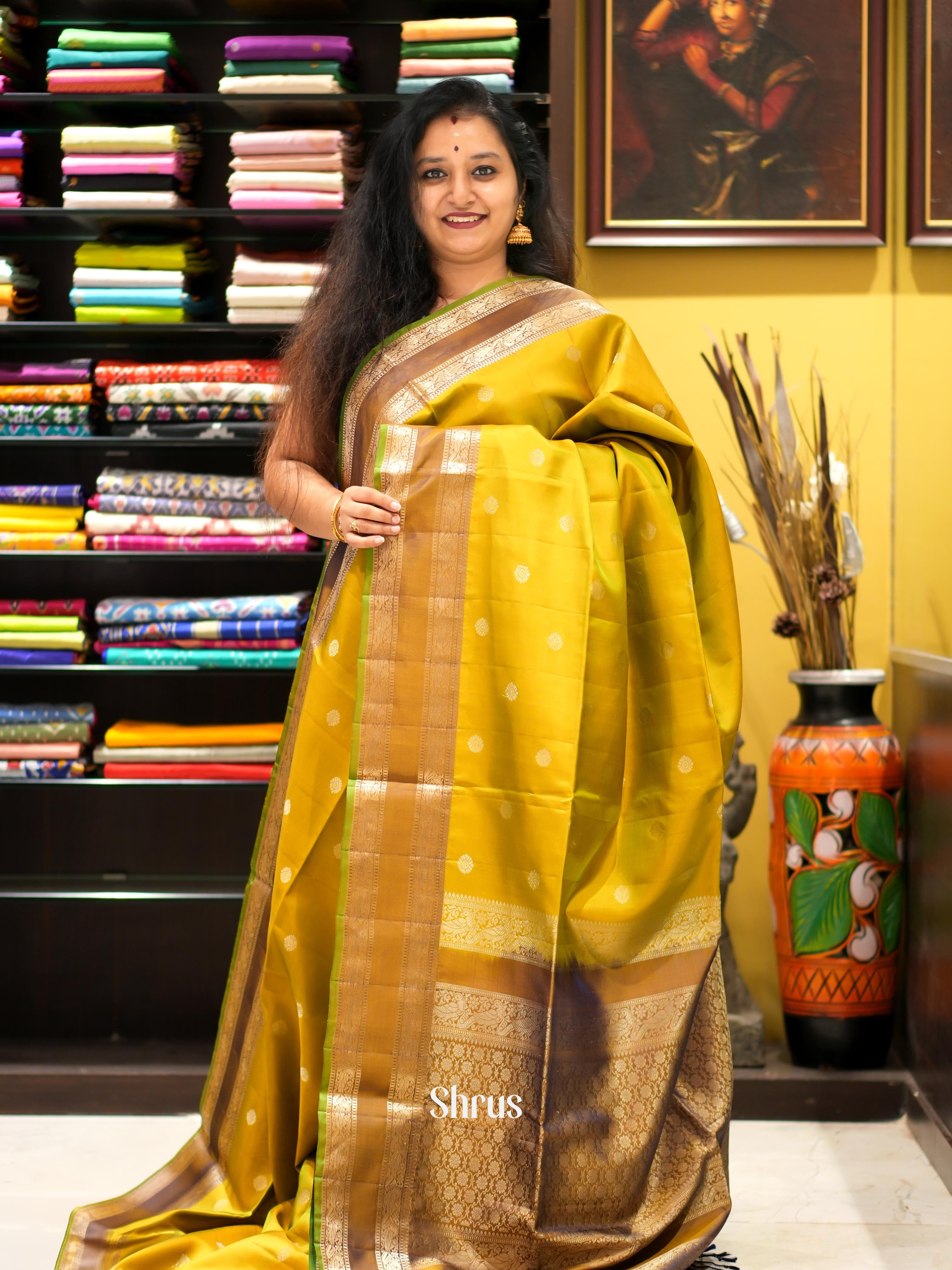Mustardy Green & Brown - Kanchi Border Soft Silk Saree - Shop on ShrusEternity.com