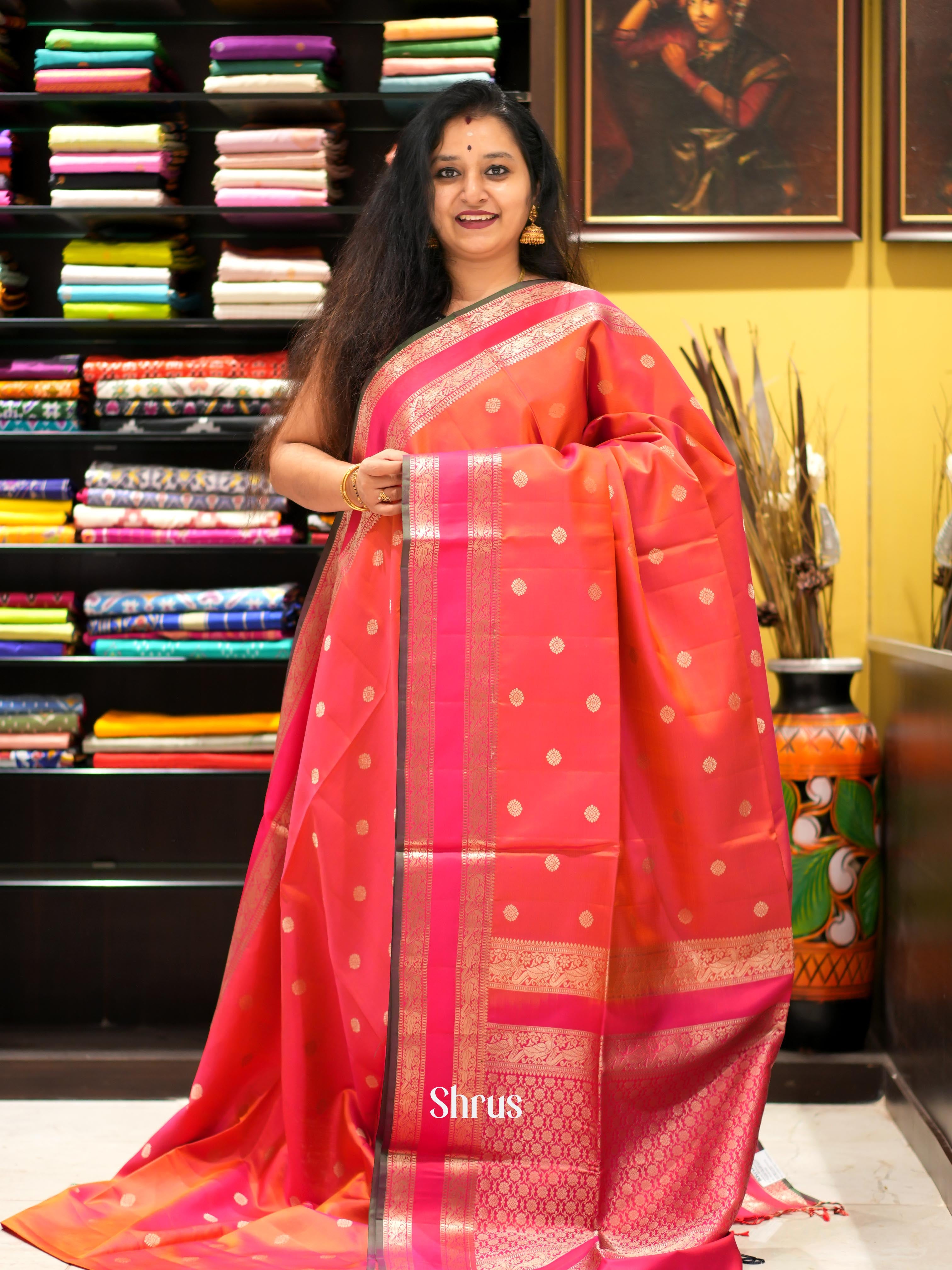 Orangish Pink & Pink - Kanchi Border Soft Silk Saree - Shop on ShrusEternity.com