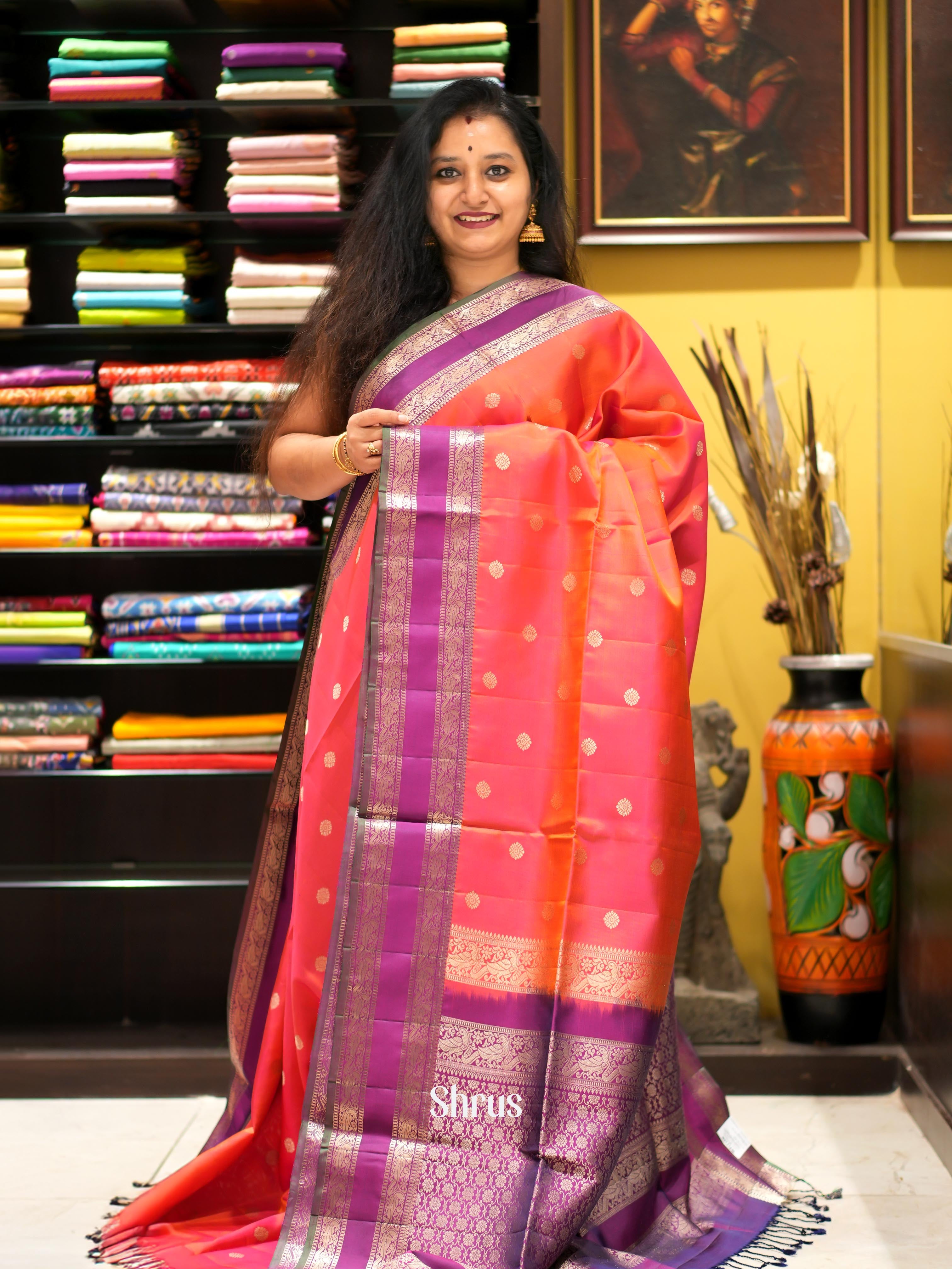 Orangish Pink & Purple - Kanchi Border Soft Silk Saree - Shop on ShrusEternity.com