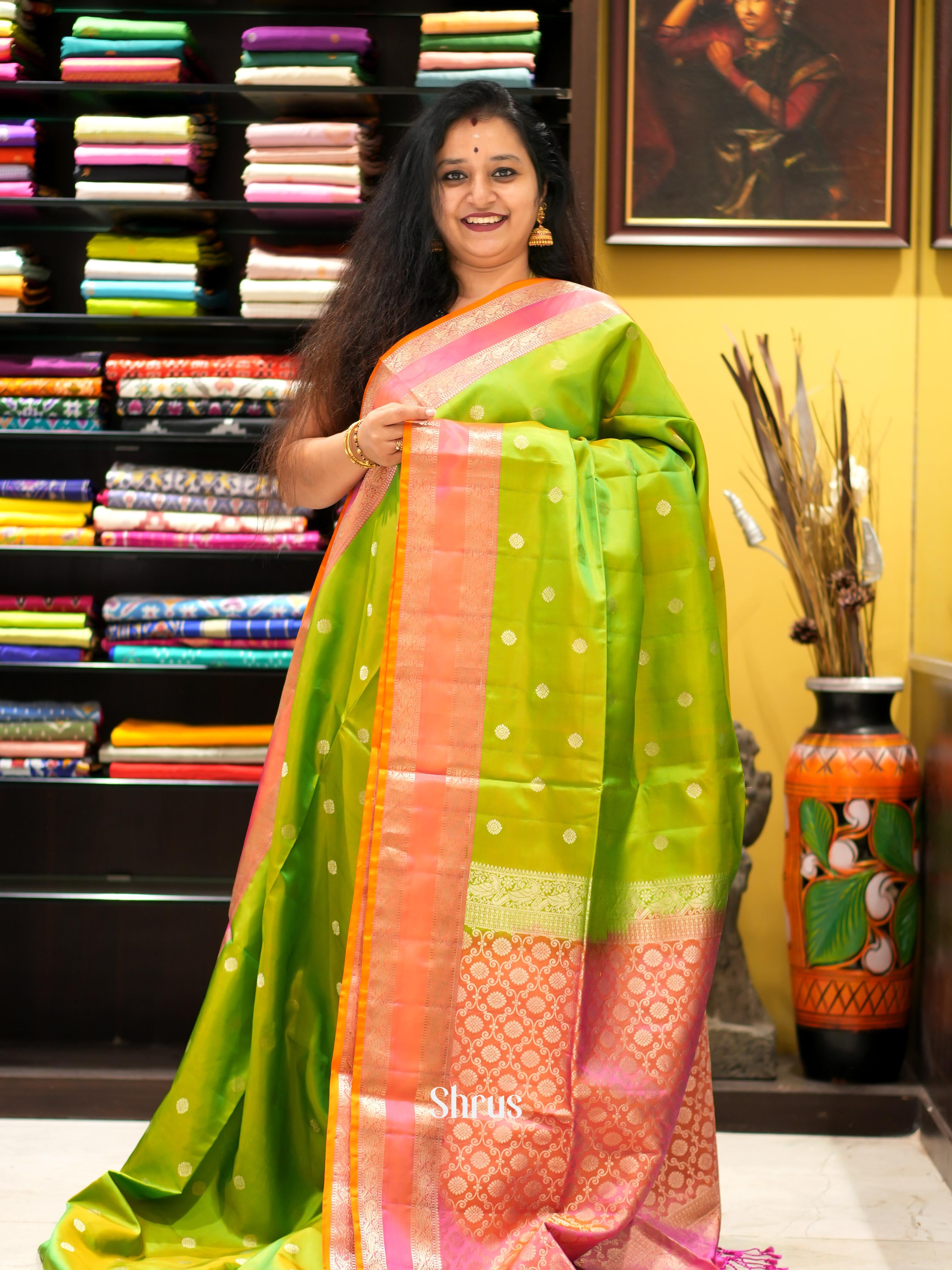 Green & Pink - Kanchi Border Soft Silk Saree - Shop on ShrusEternity.com