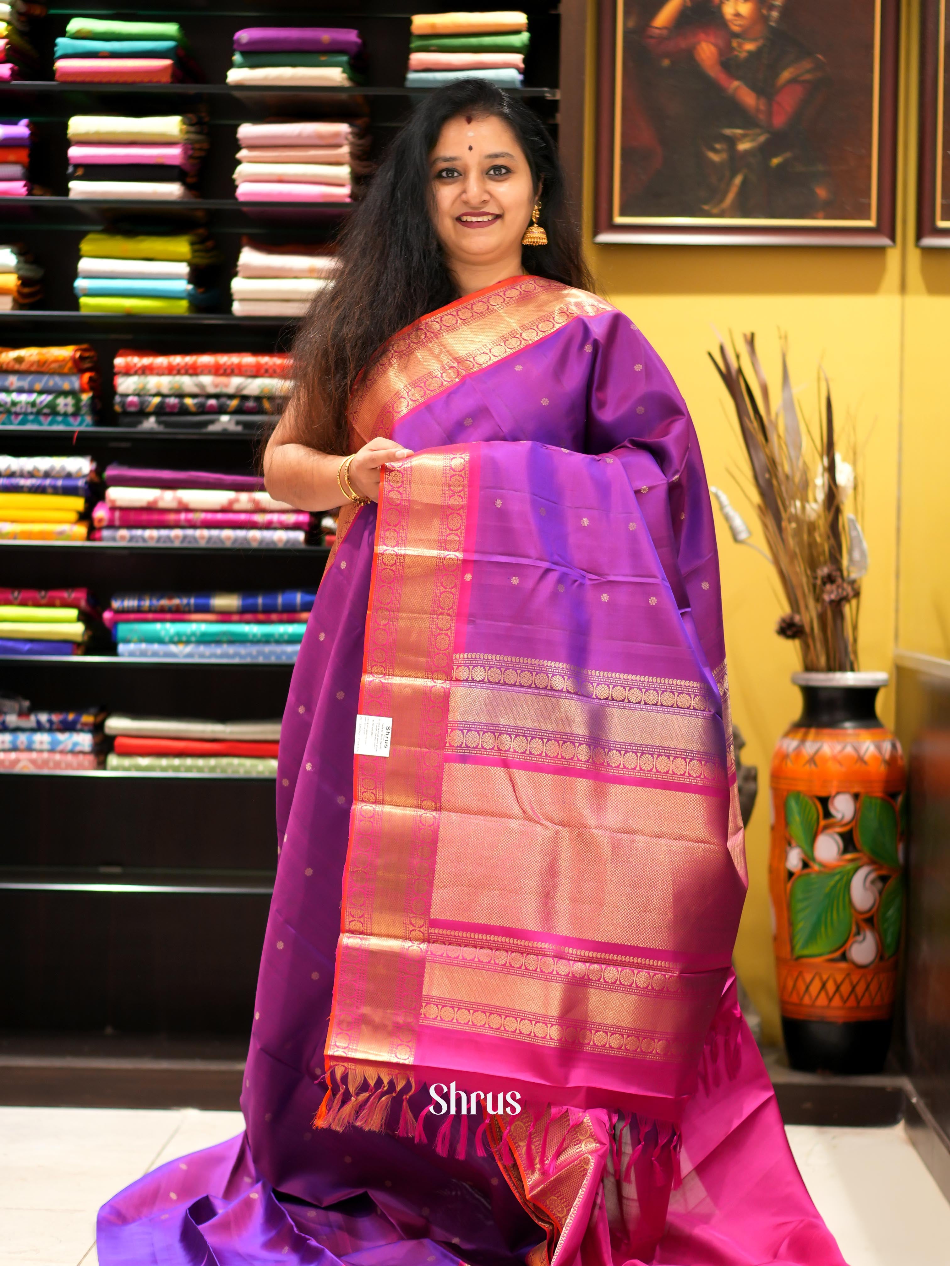 Purple & Pink - Kanchi Border Soft Silk Saree - Shop on ShrusEternity.com