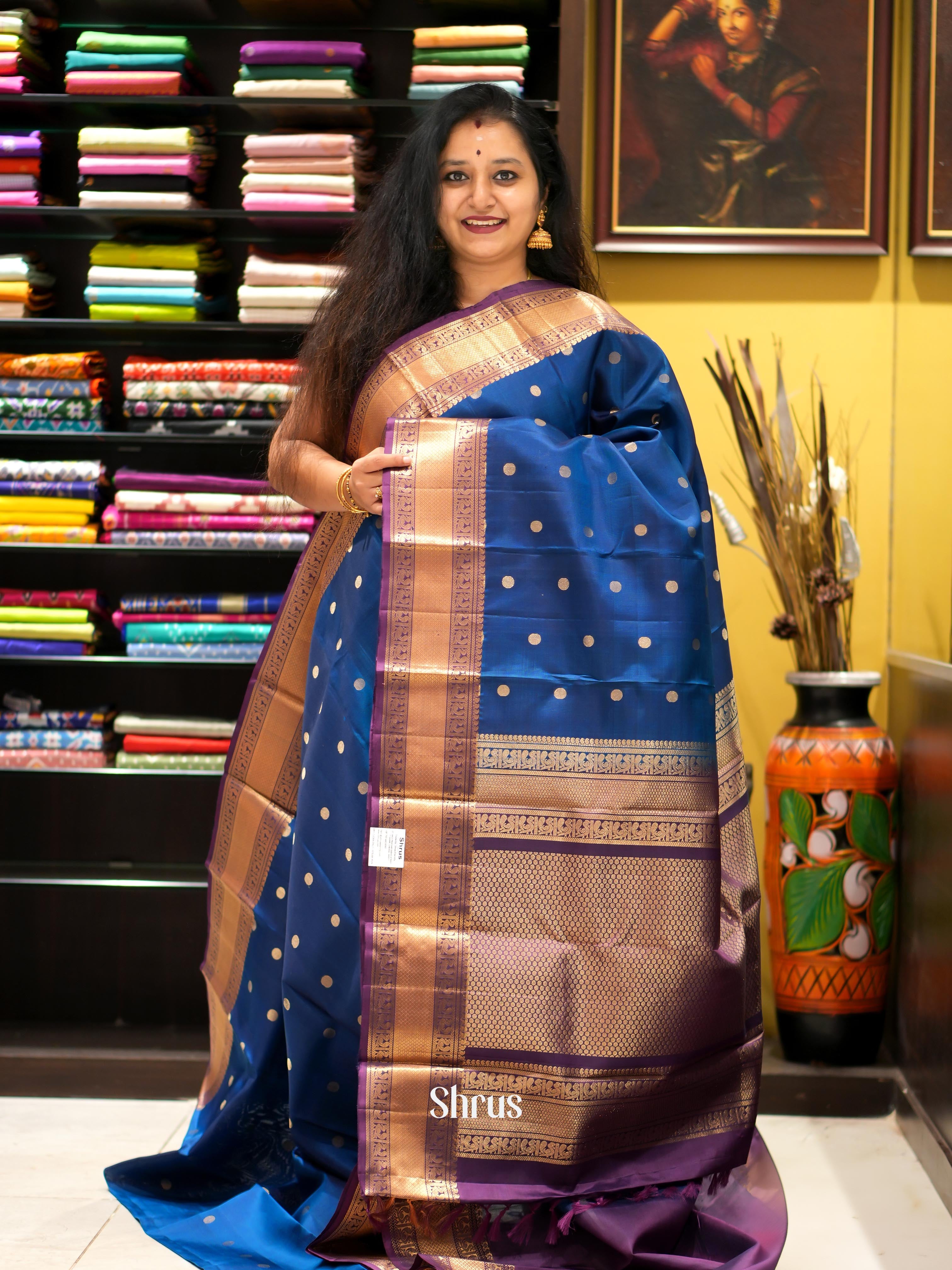 Blue & Purple- Kanchi Border Soft Silk Saree - Shop on ShrusEternity.com