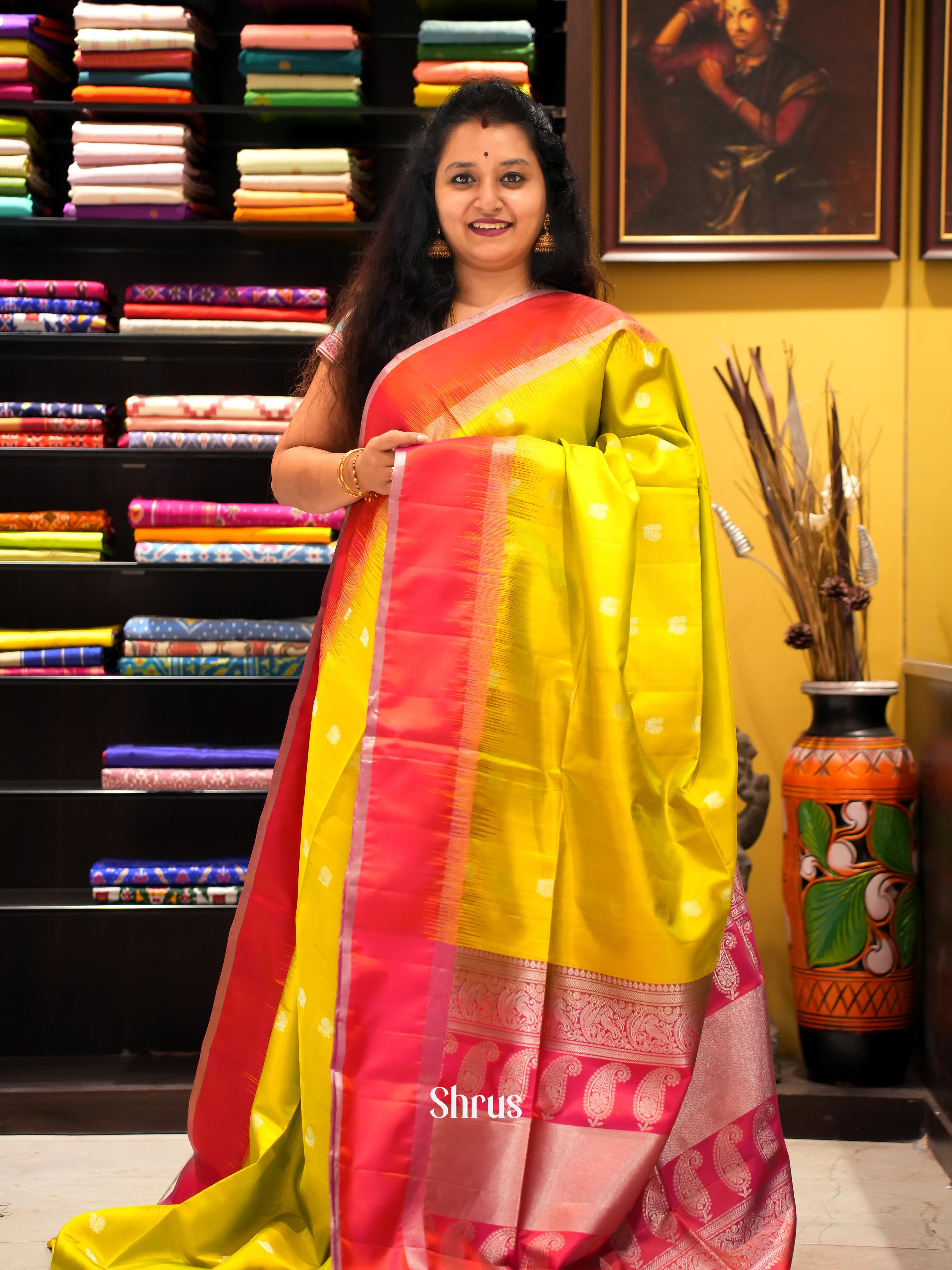 Mustardy Green & Orangish Pink - Soft Silk Saree - Shop on ShrusEternity.com