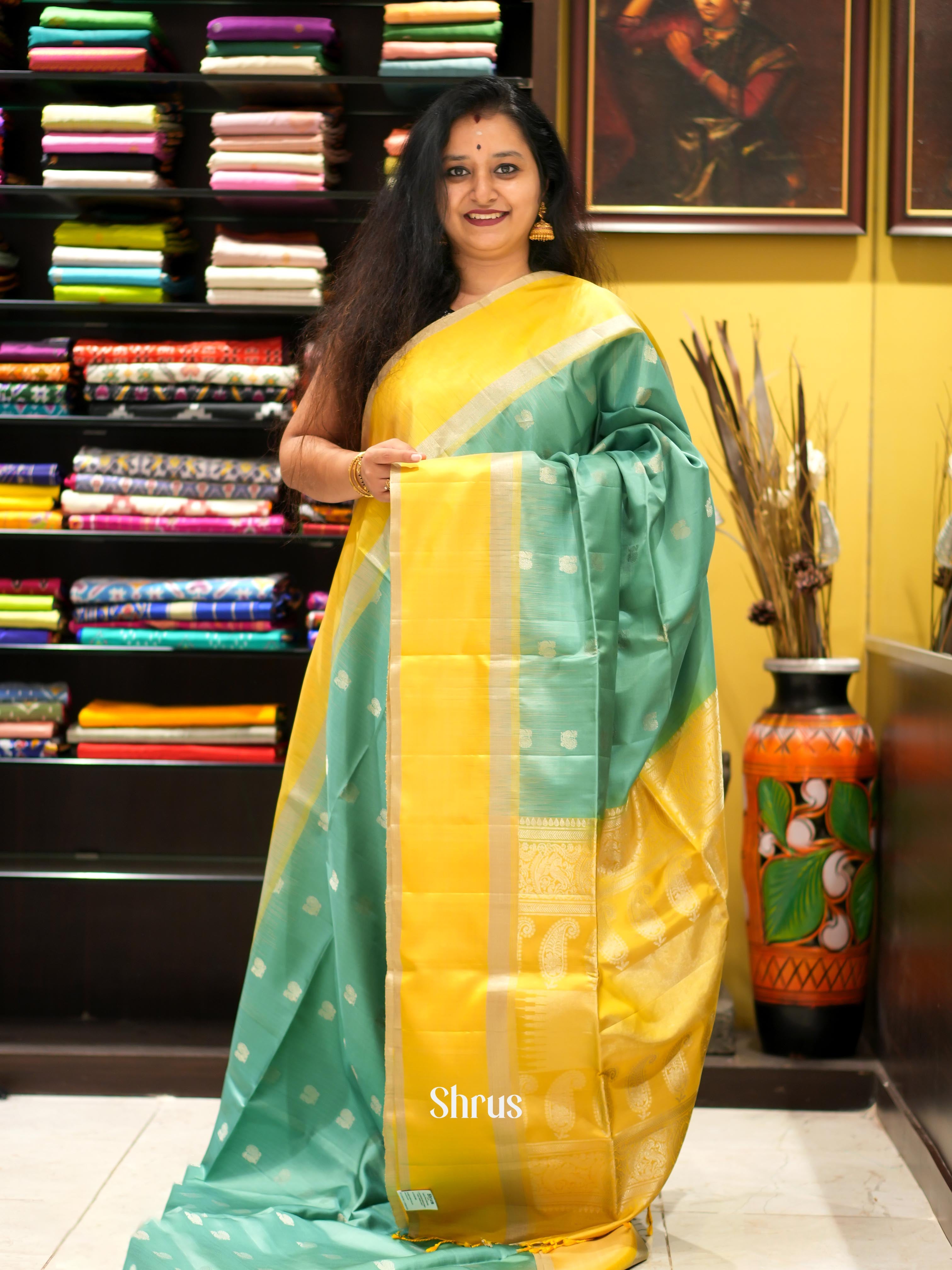 Green & Yellow - Kanchi Border Soft Silk Saree - Shop on ShrusEternity.com