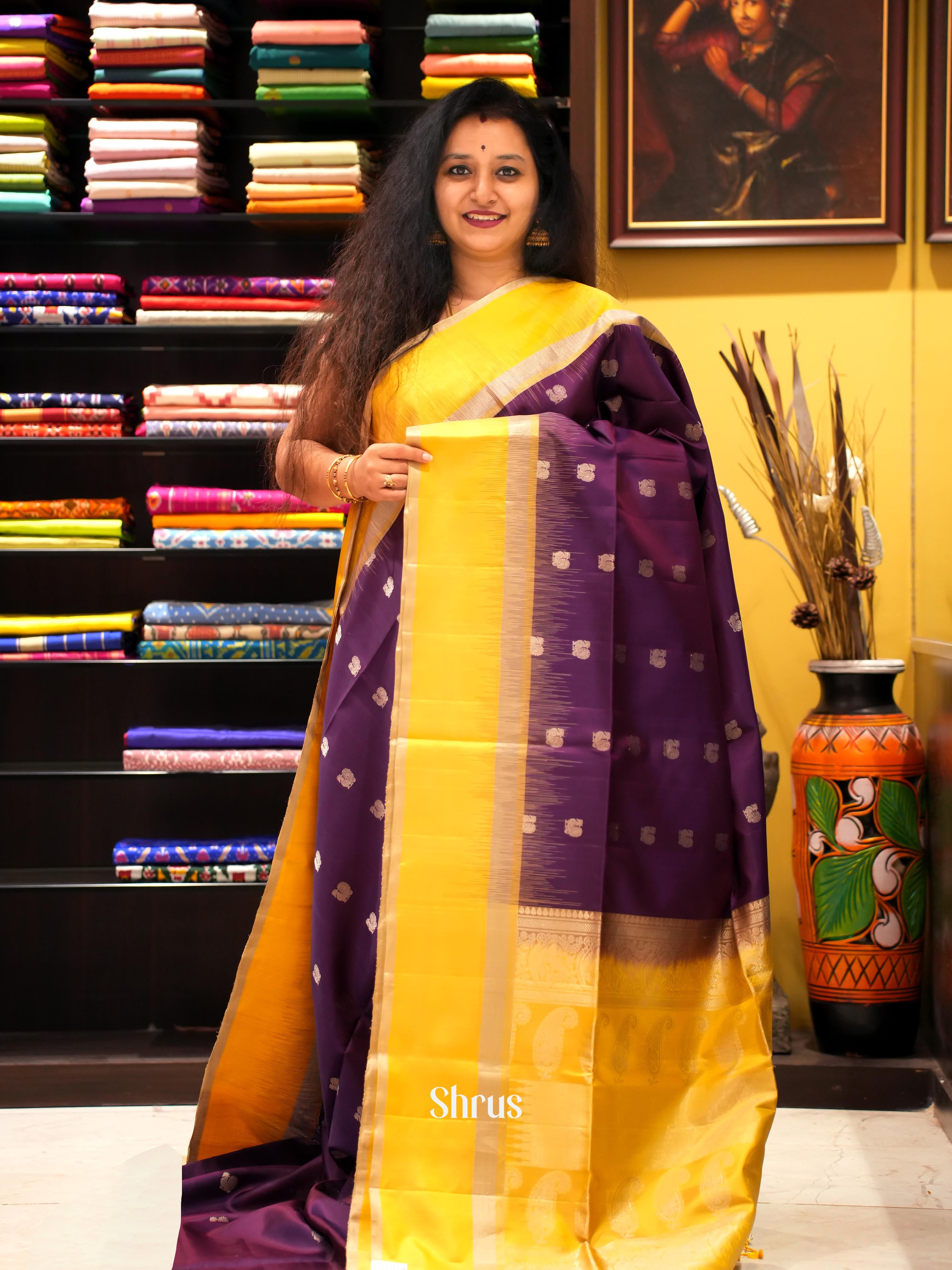 Purple & Yellow - Soft Silk Saree - Shop on ShrusEternity.com
