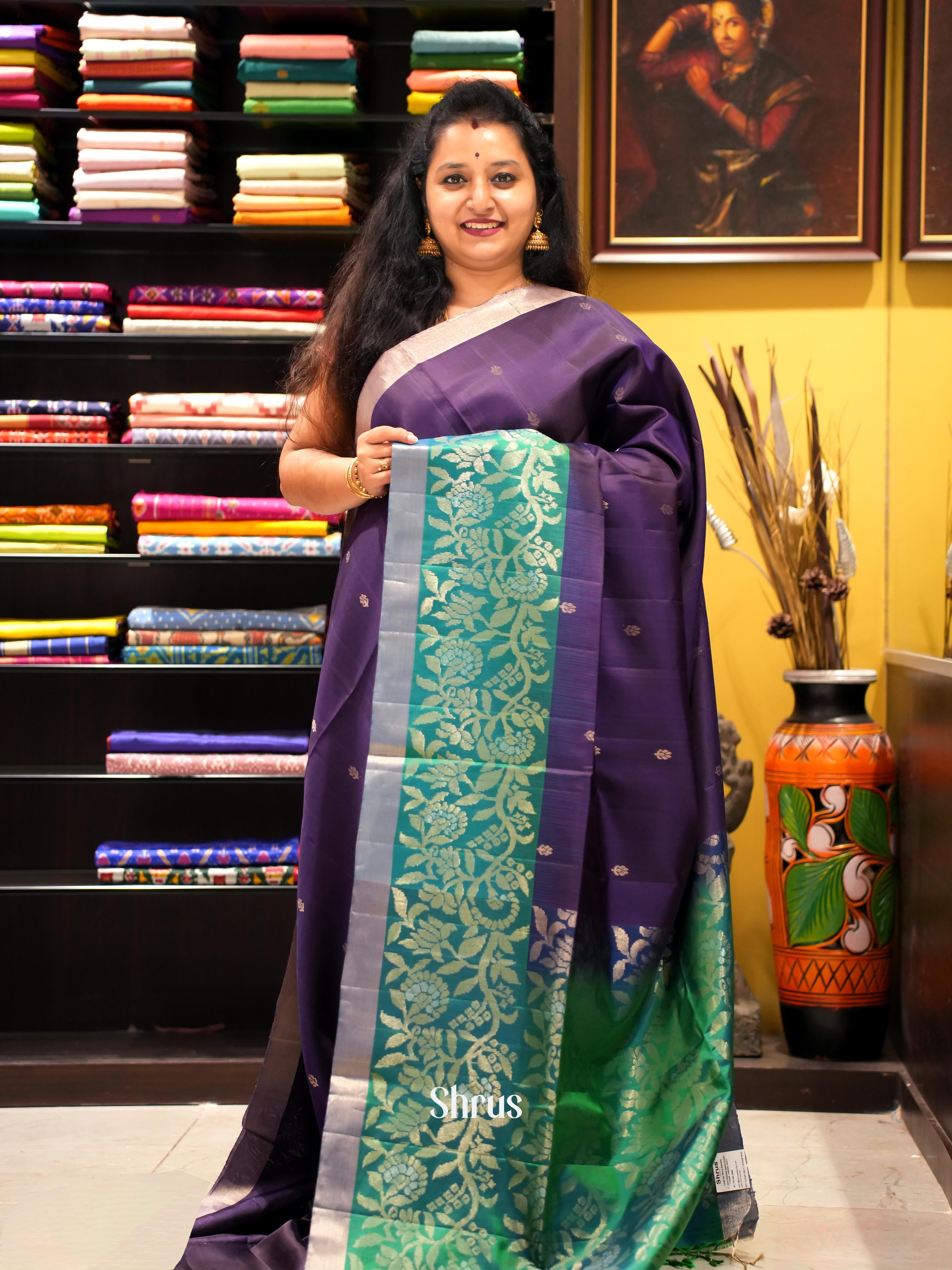 Violet & Green - Soft Silk Saree - Shop on ShrusEternity.com