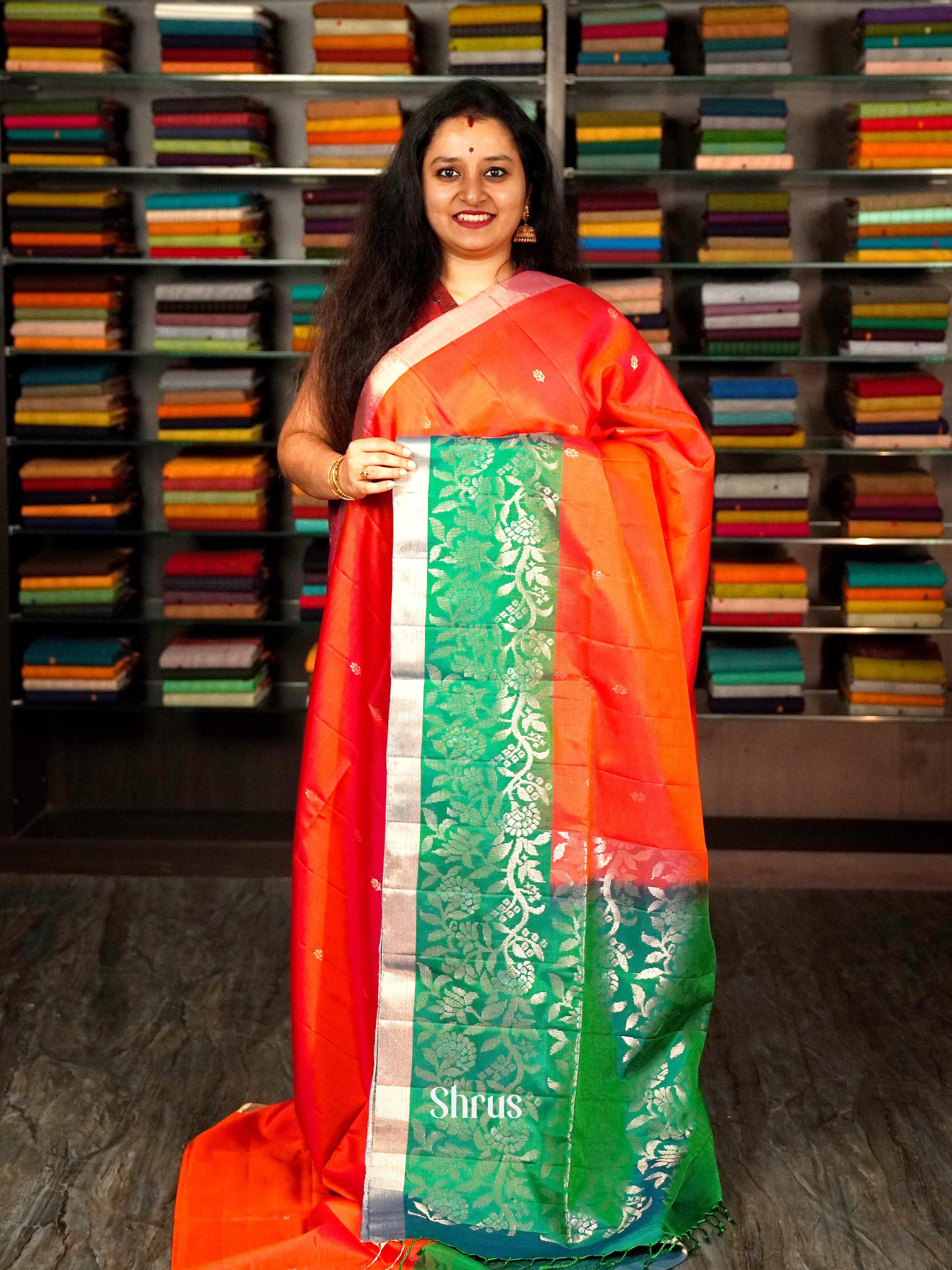 Orange & Green- Soft Silk saree - Shop on ShrusEternity.com