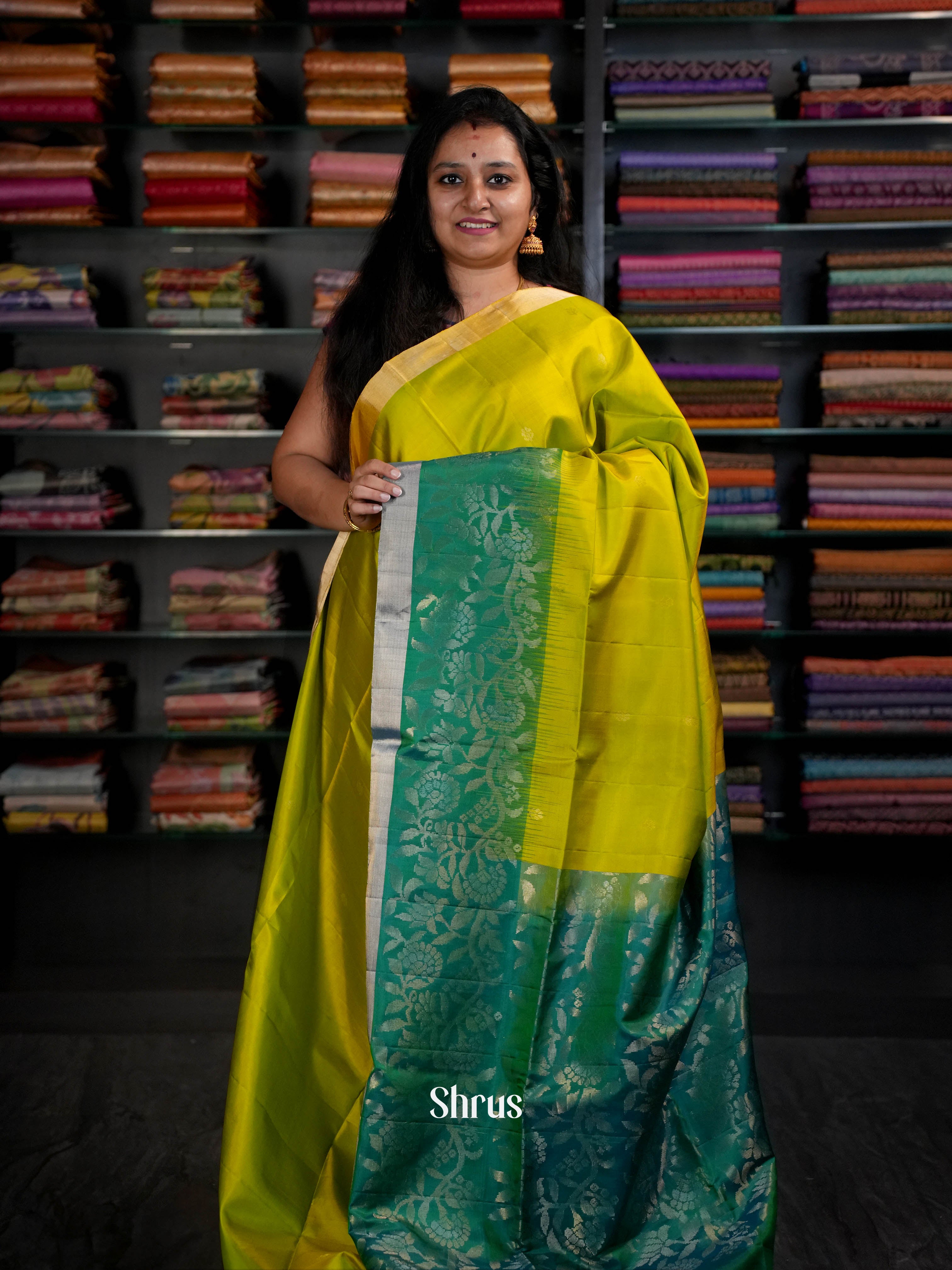 Lime Green & Green - Soft Silk Saree - Shop on ShrusEternity.com