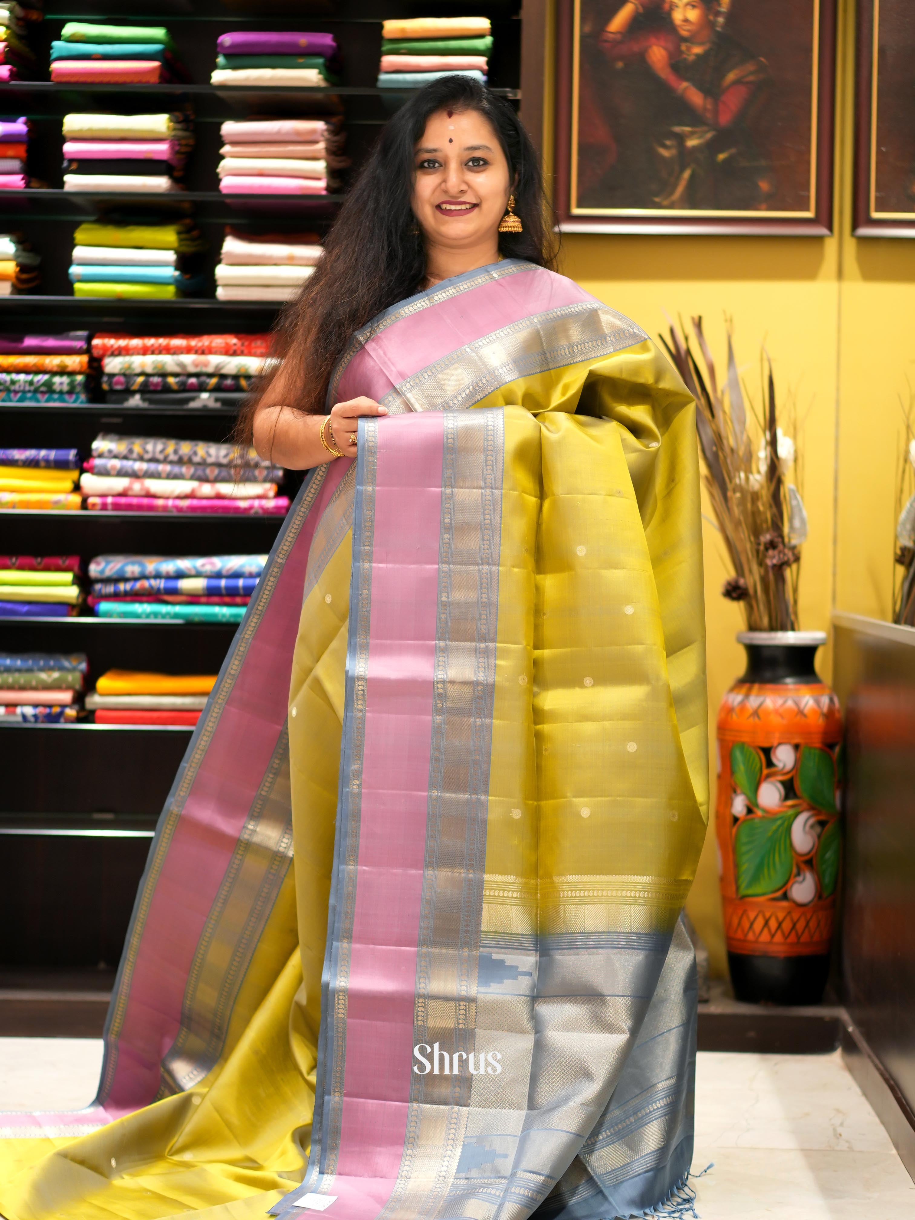 Manthulir Green & Grey - Kanchi Border Soft Silk Saree - Shop on ShrusEternity.com