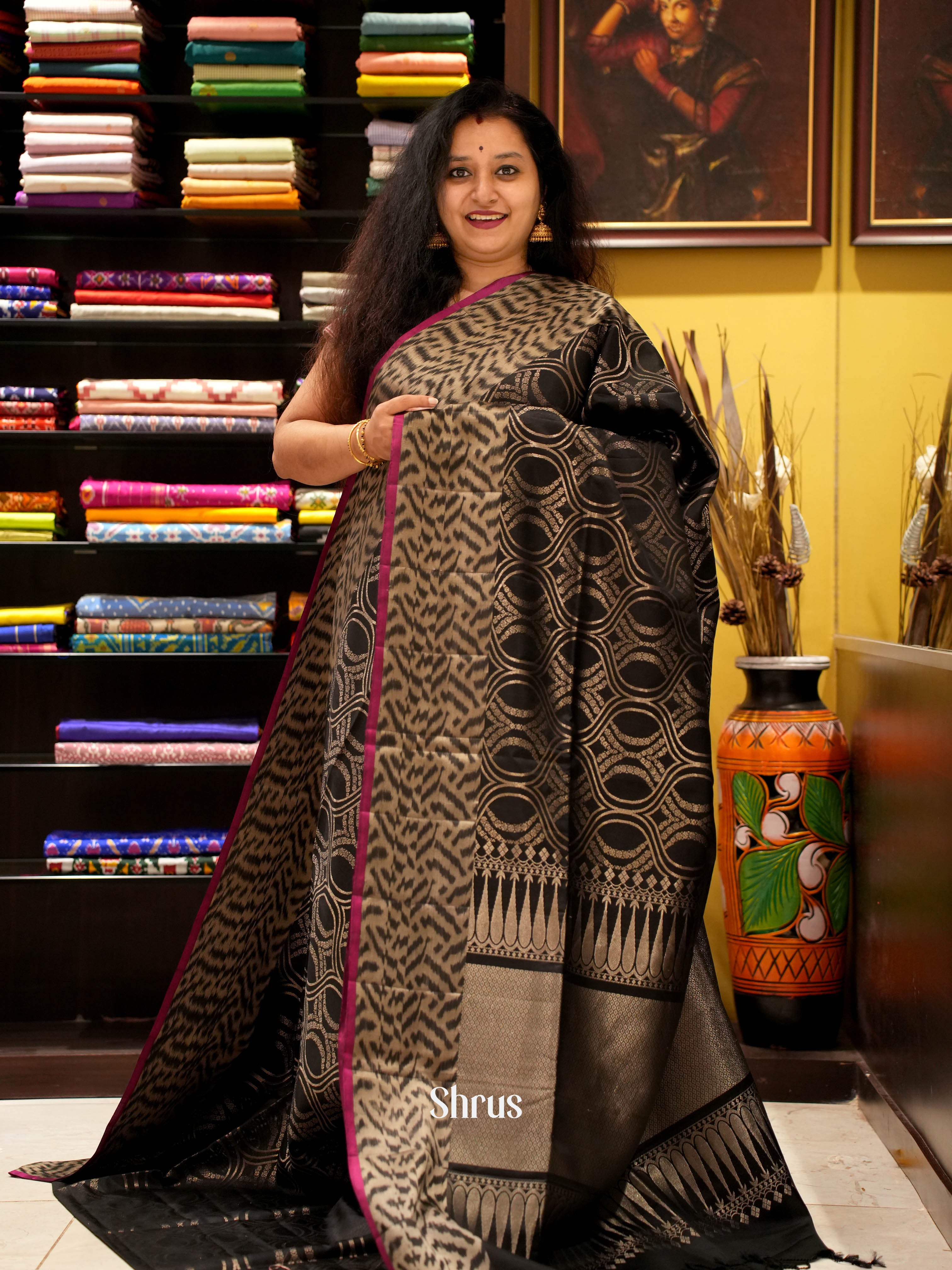 Black & Beige - Soft Silk Saree - Shop on ShrusEternity.com