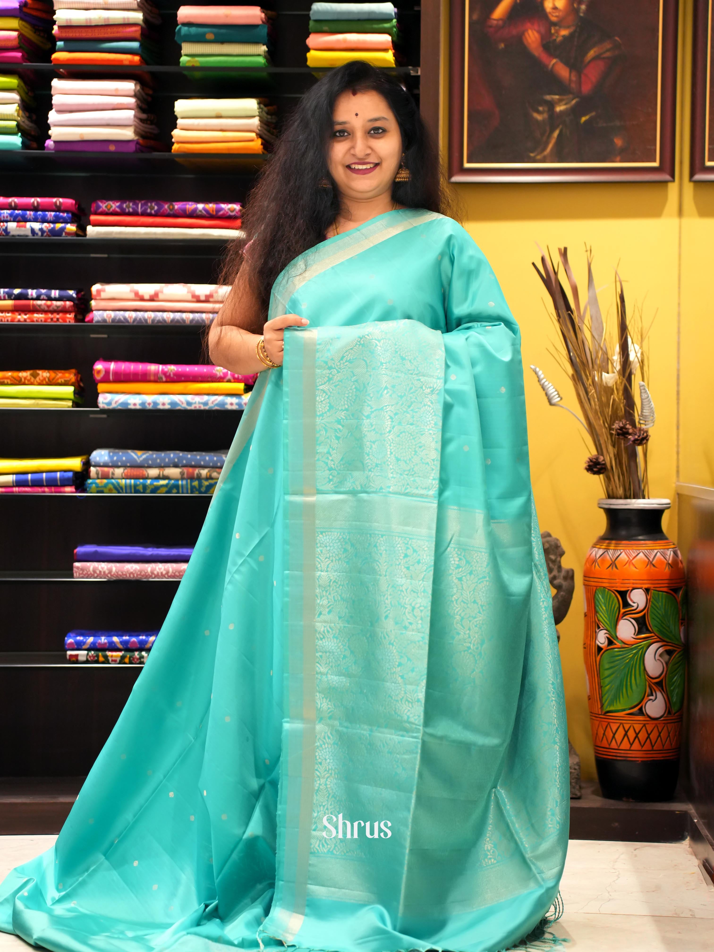Teal(Single Tone)- Soft Silk Saree - Shop on ShrusEternity.com