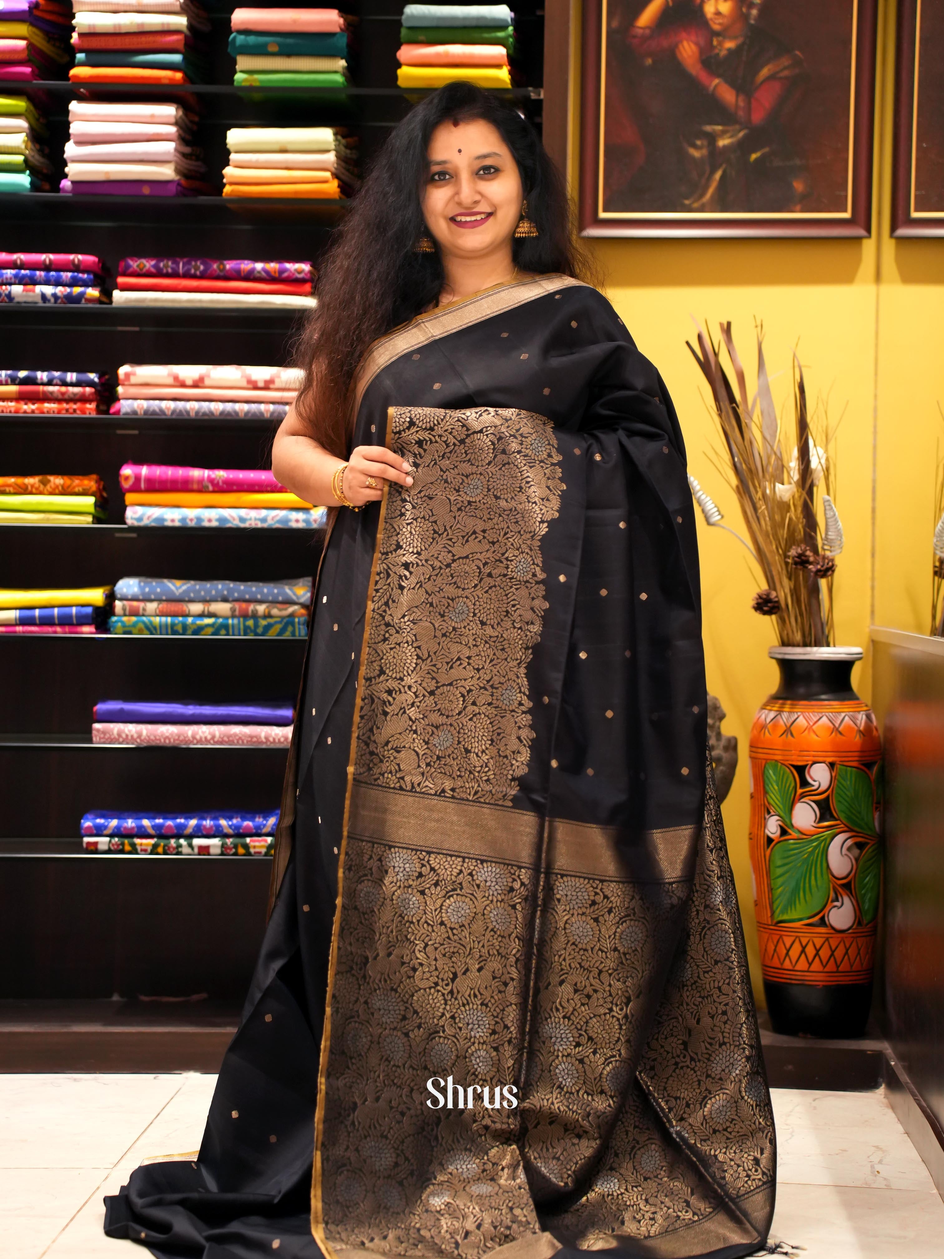 Black & Gold - Soft Silk Saree - Shop on ShrusEternity.com