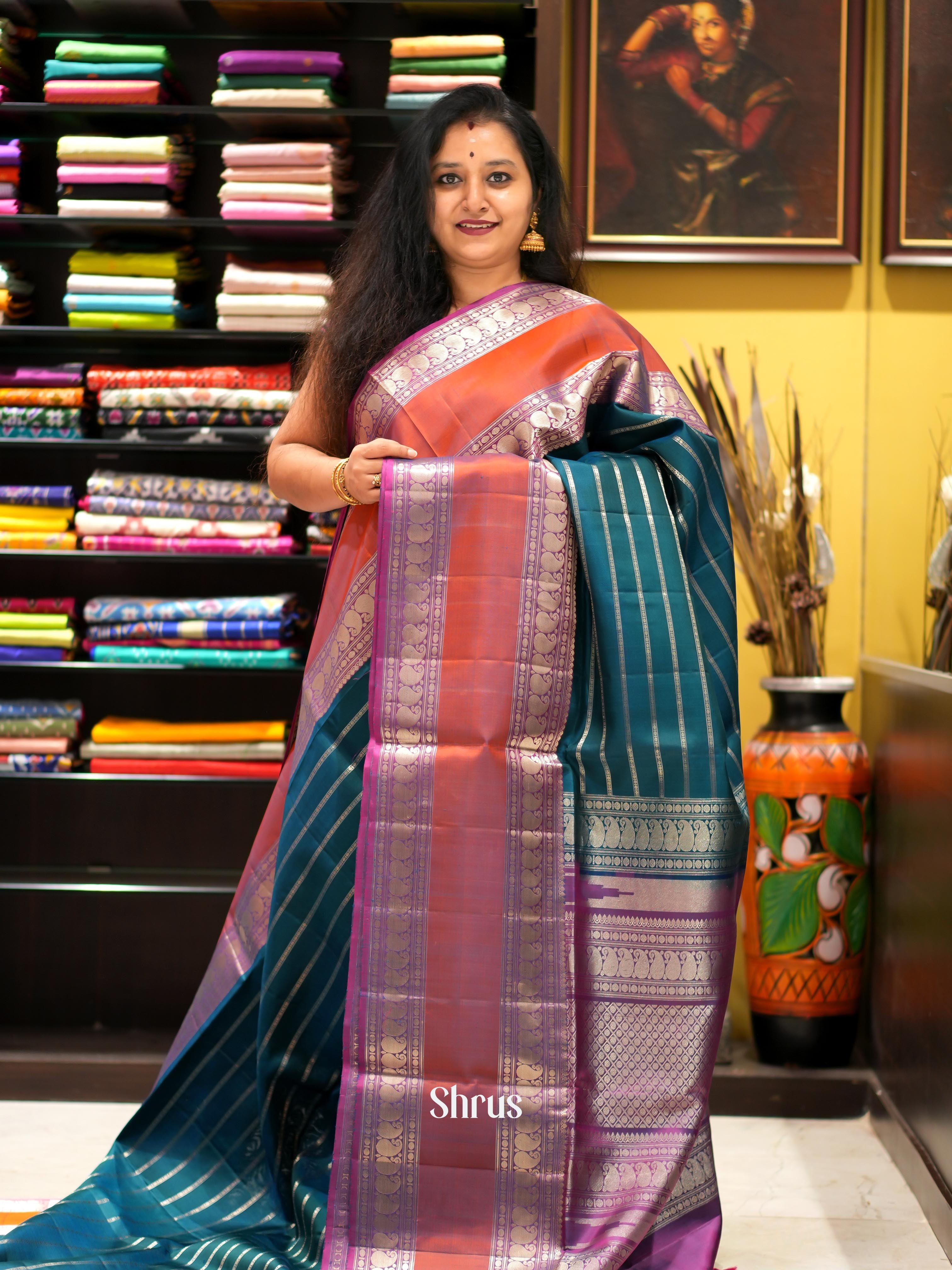 Peacock Green & Purple - Kanchi Border Soft Silk Saree - Shop on ShrusEternity.com