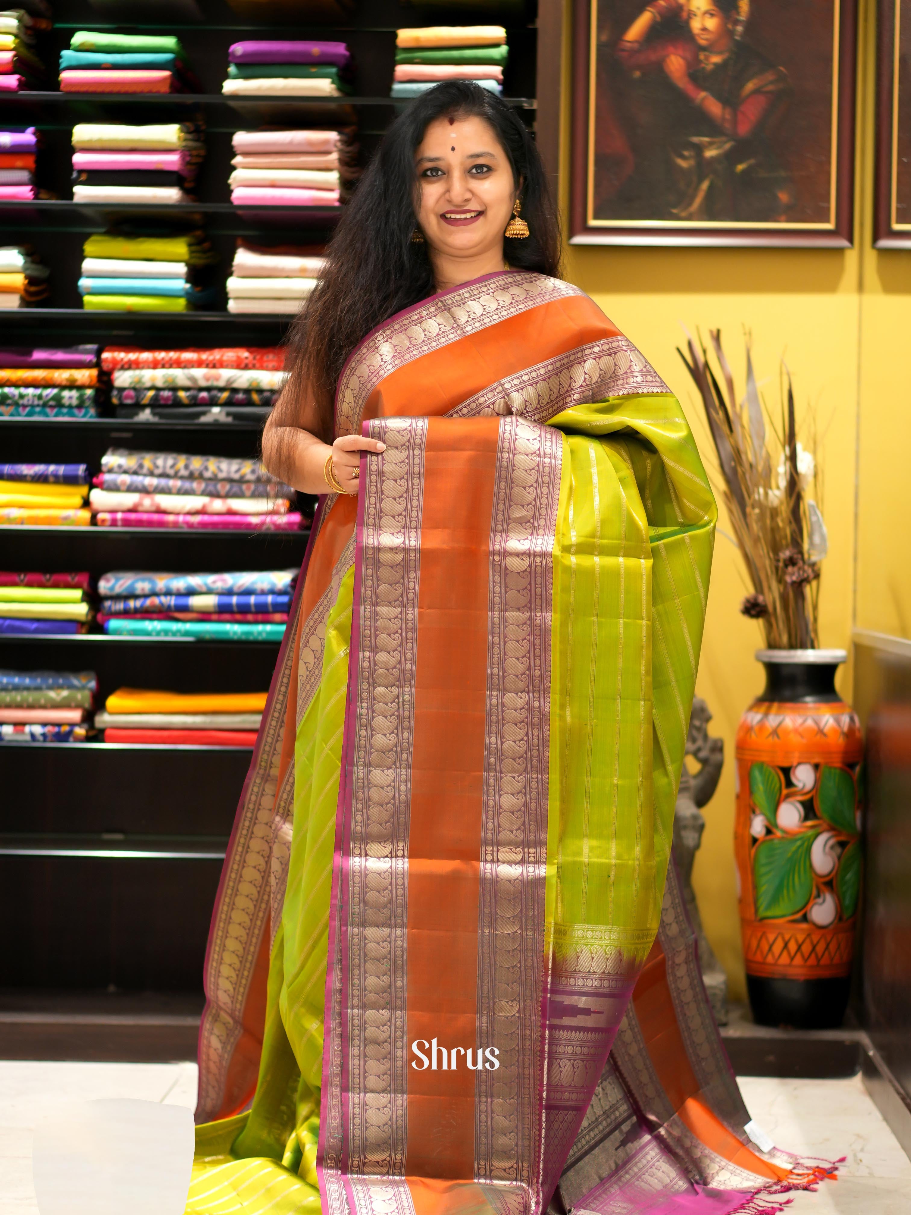 Green & Orange - Kanchi Border Soft Silk Saree - Shop on ShrusEternity.com