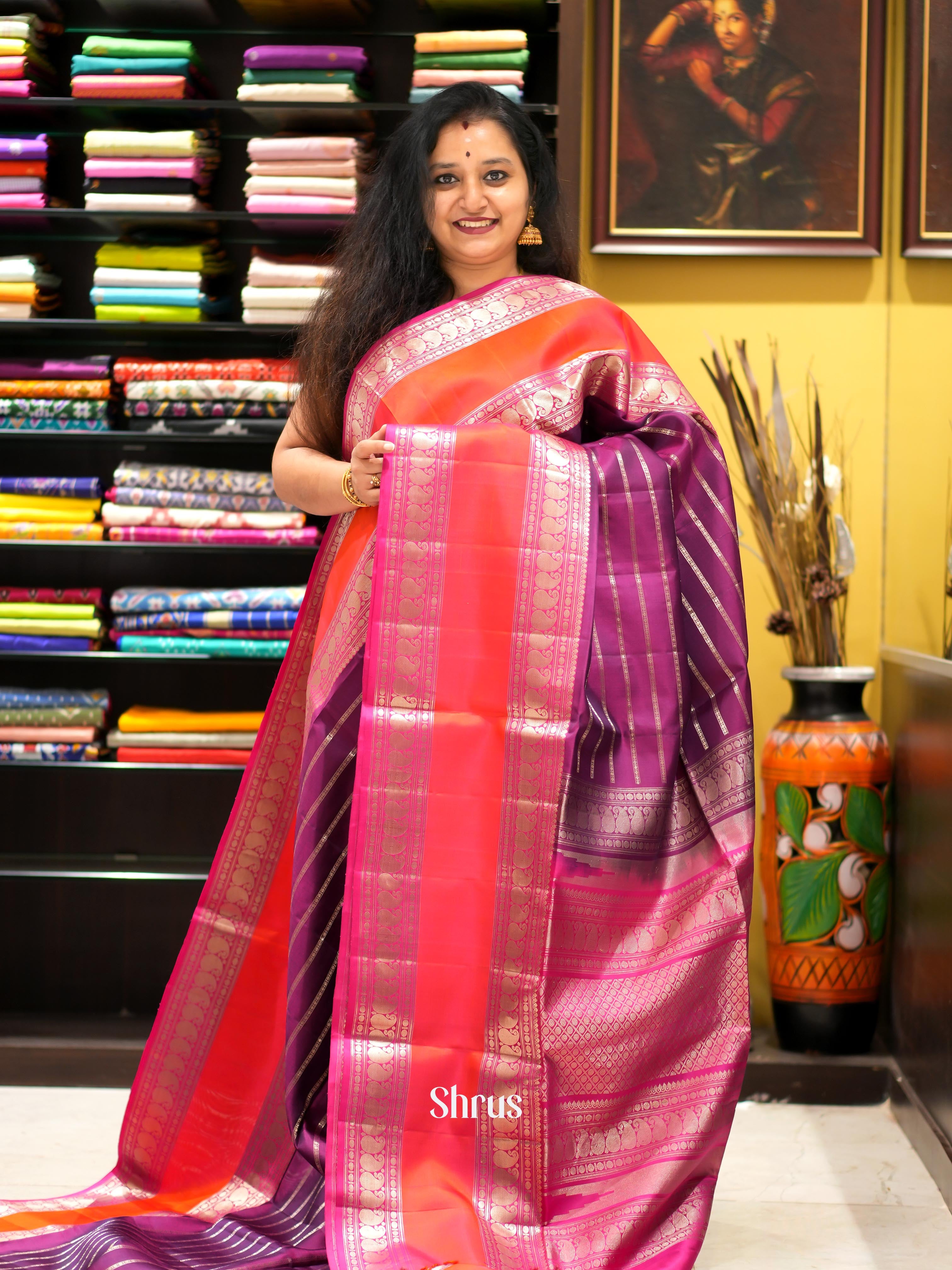 Purple & Orange - Soft Silk Saree - Shop on ShrusEternity.com