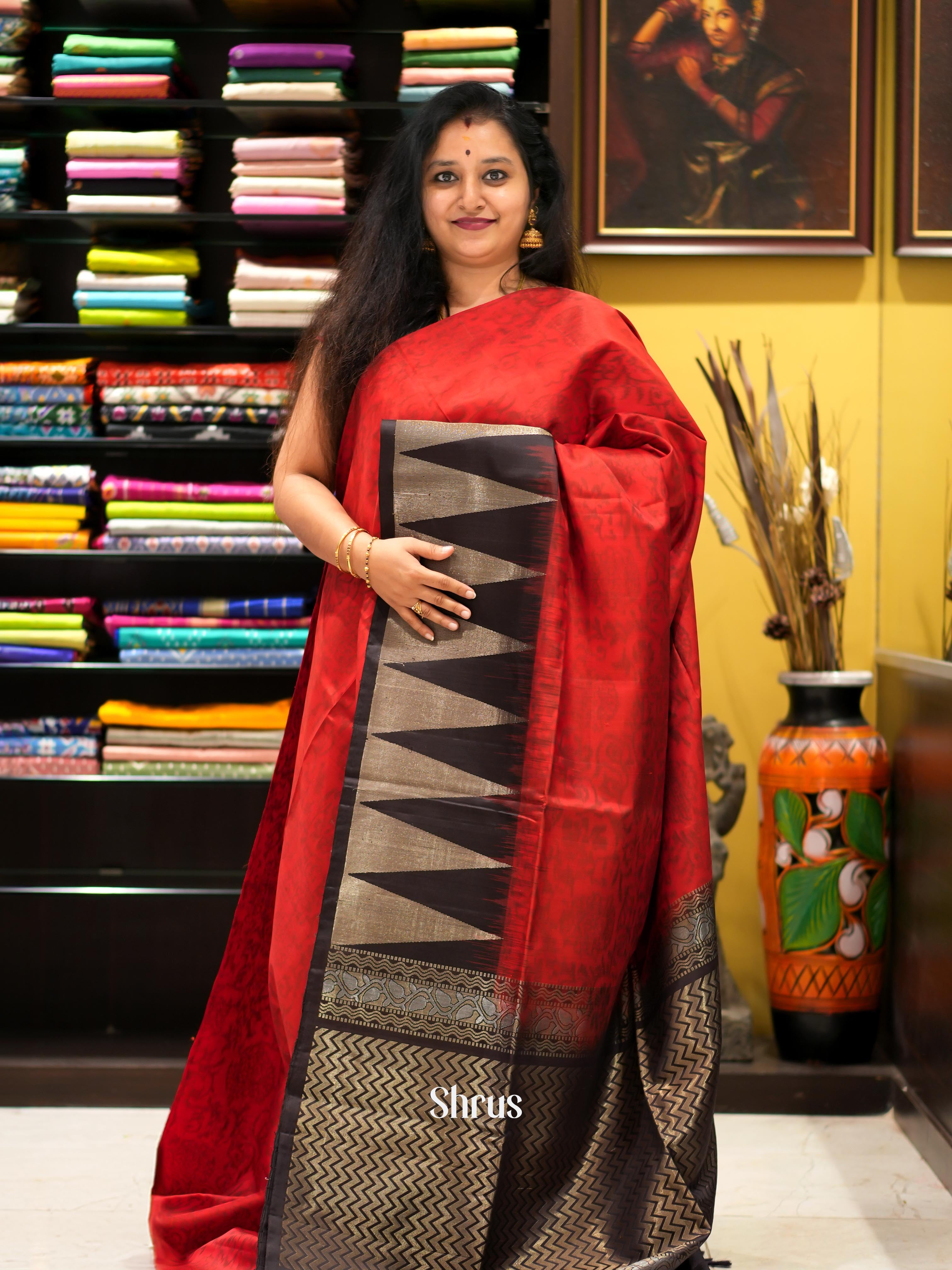 Red & Black- Soft Silk Saree - Shop on ShrusEternity.com