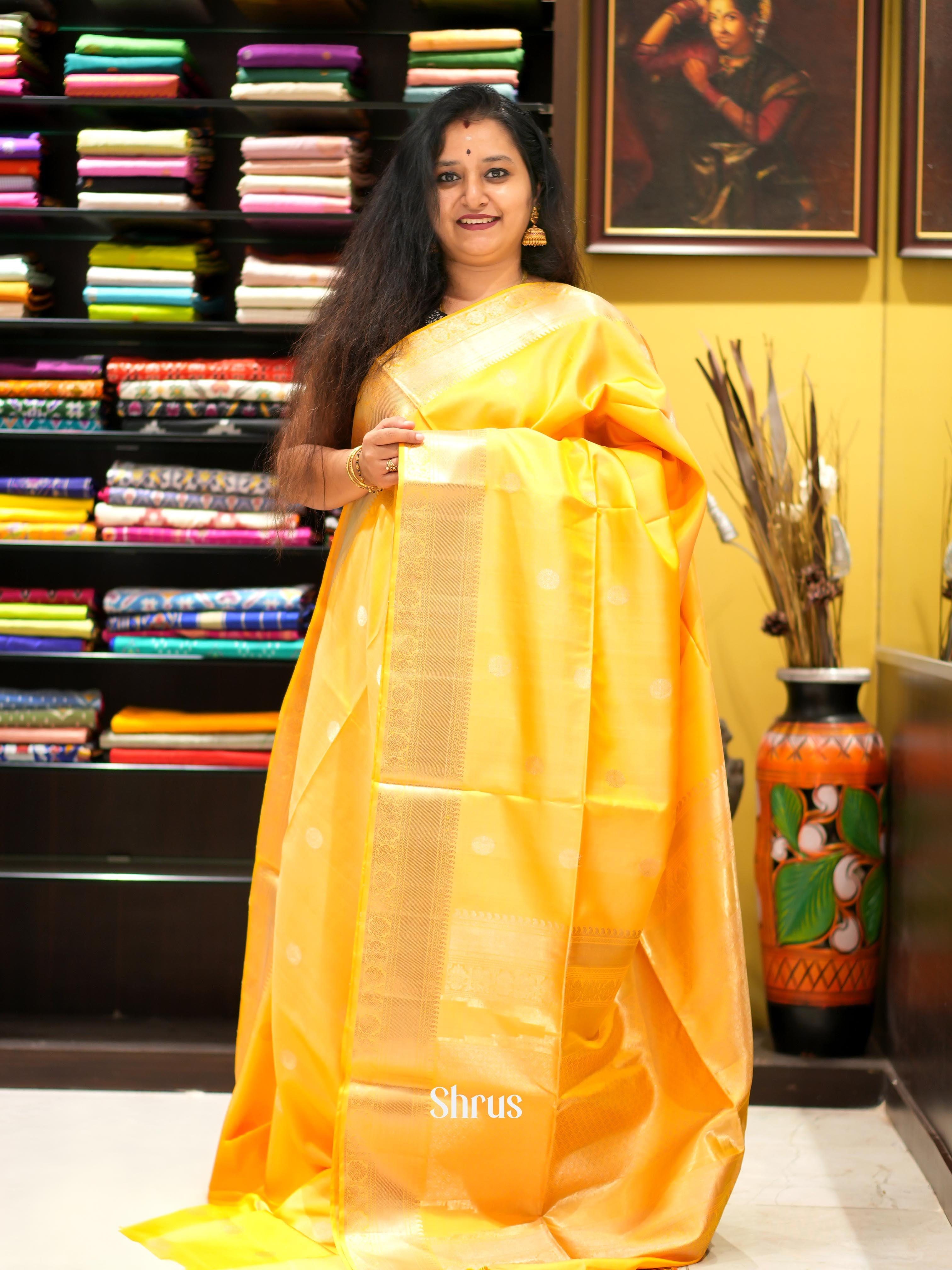 Yellow(Single Tone) - Kanchi Border Soft Silk Saree - Shop on ShrusEternity.com