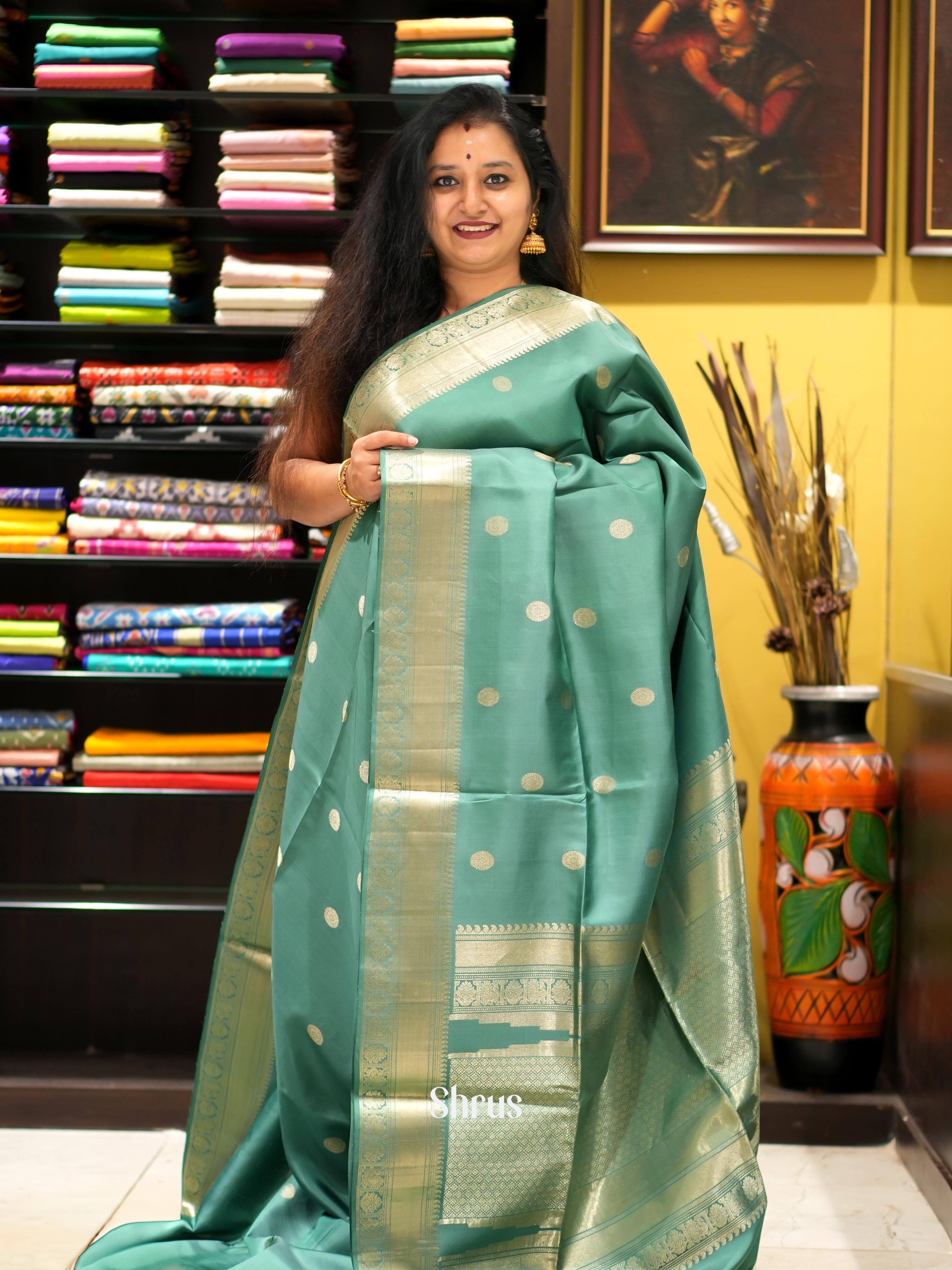 Teal Green(Single Tone)- Kanchi Border Soft Silk Saree - Shop on ShrusEternity.com