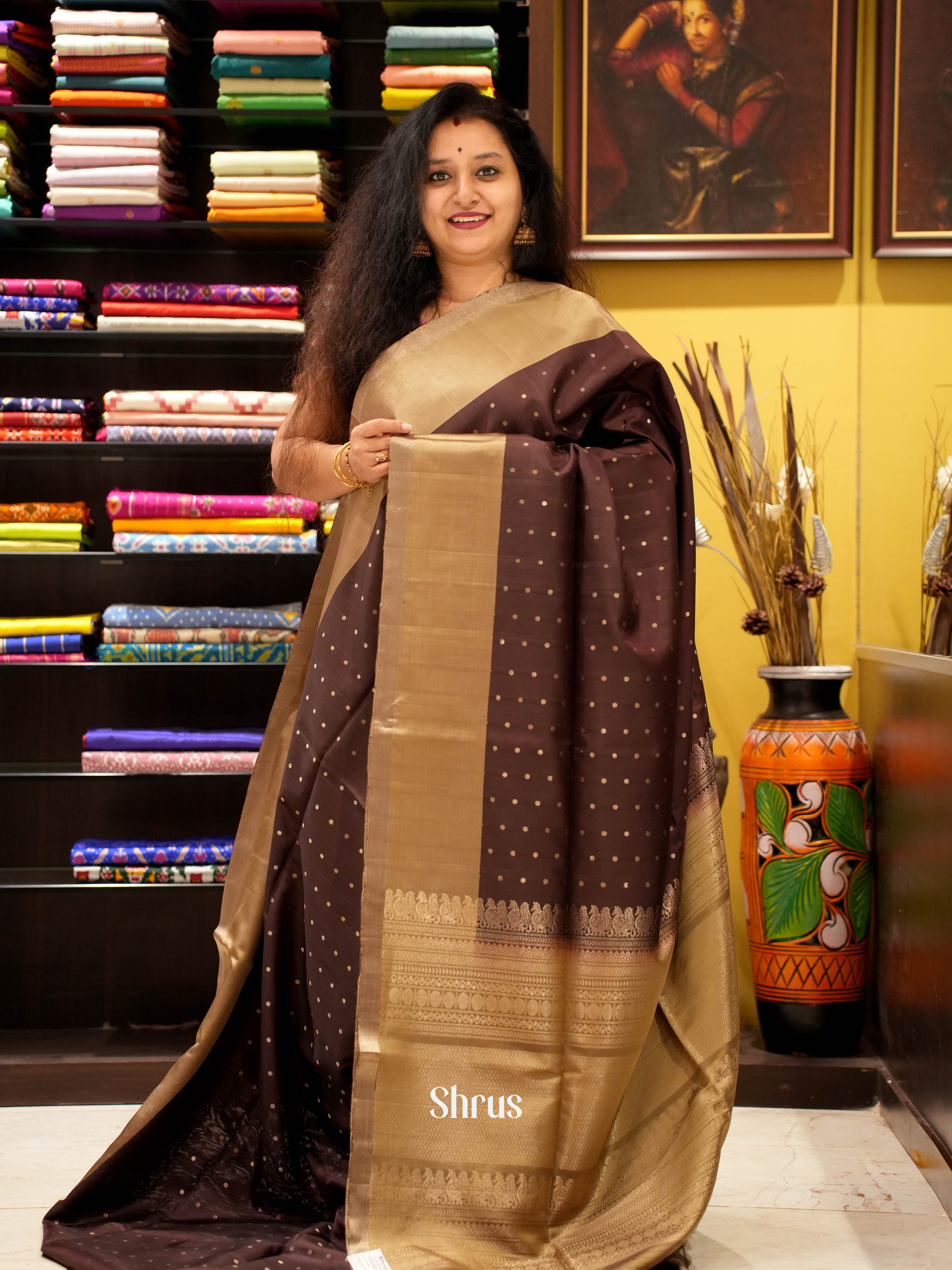 Brown & Gold - Soft Silk Saree - Shop on ShrusEternity.com