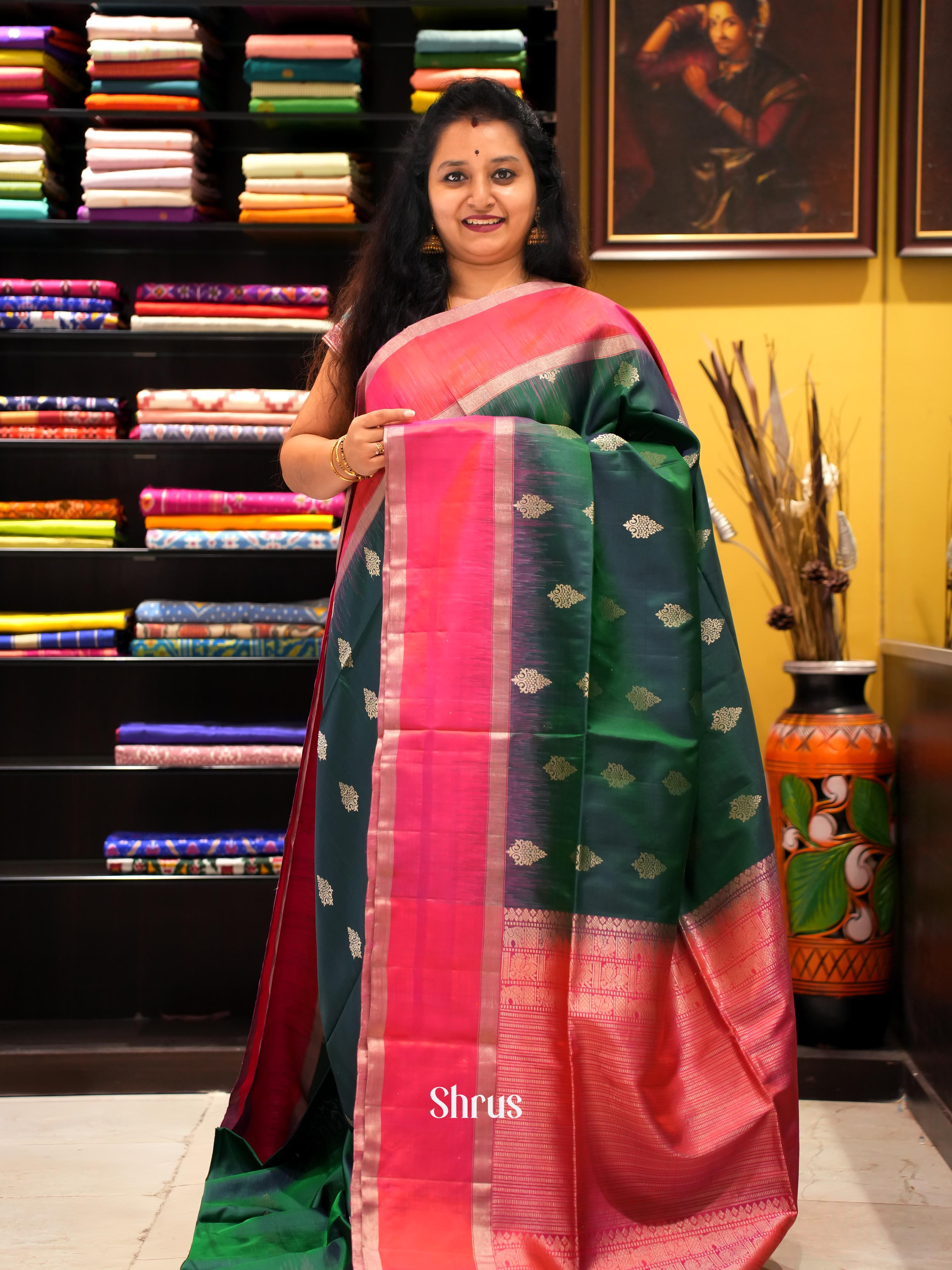 Green & Orangish Pink - Soft Silk Saree - Shop on ShrusEternity.com