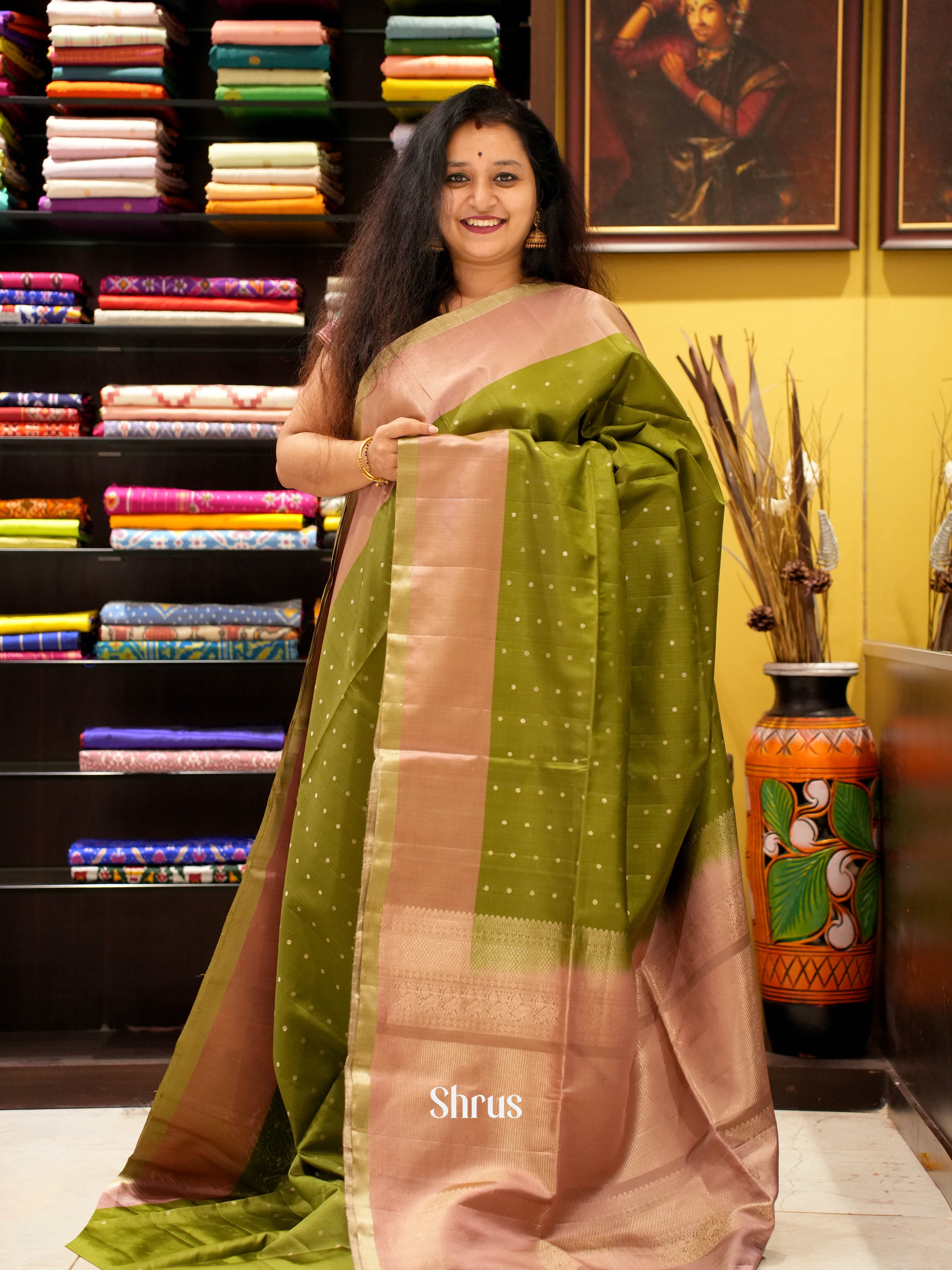 Green & Dusty Brown - Soft Silk Saree - Shop on ShrusEternity.com