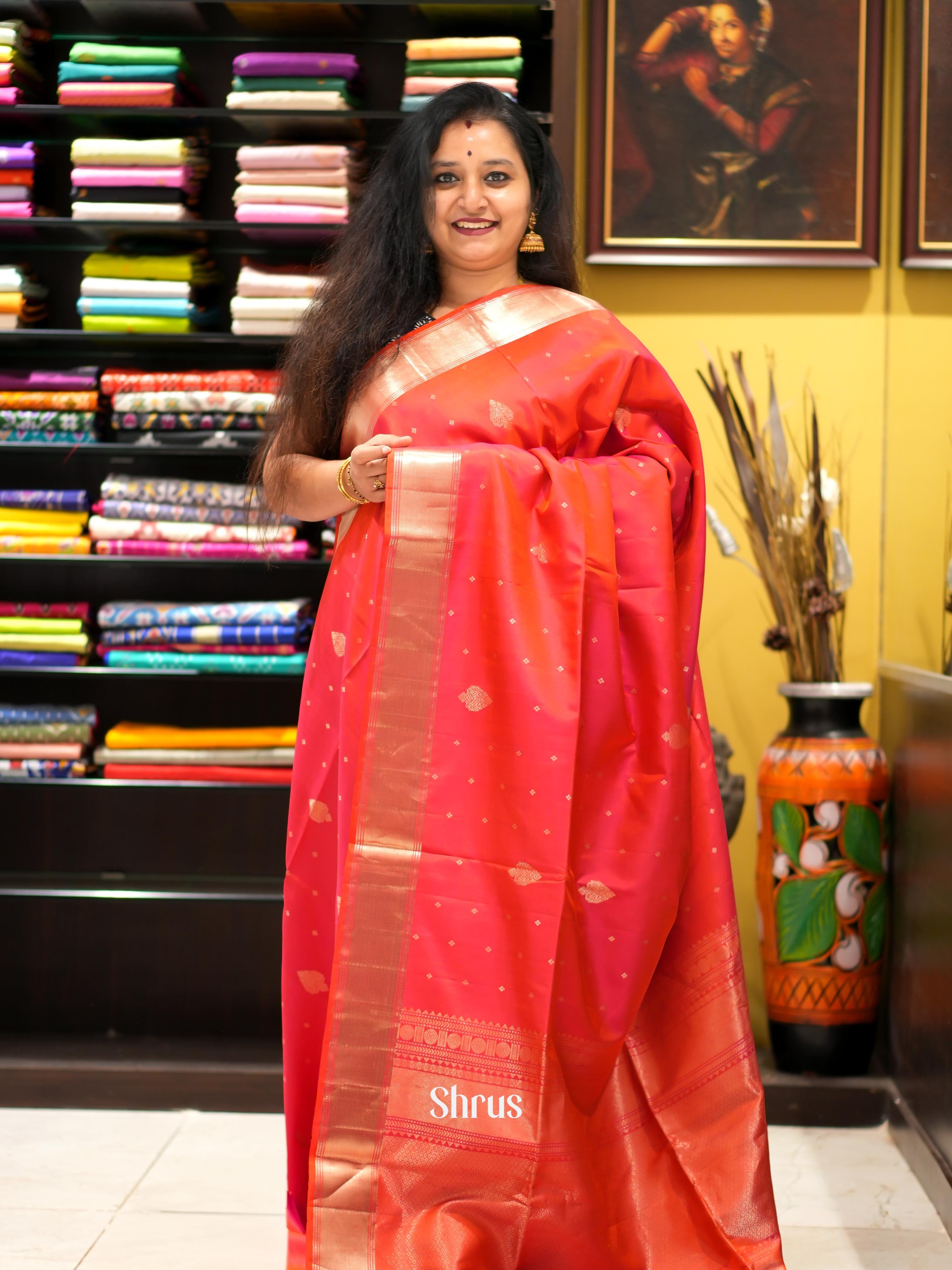 Red & Orange -Soft Silk Saree - Shop on ShrusEternity.com