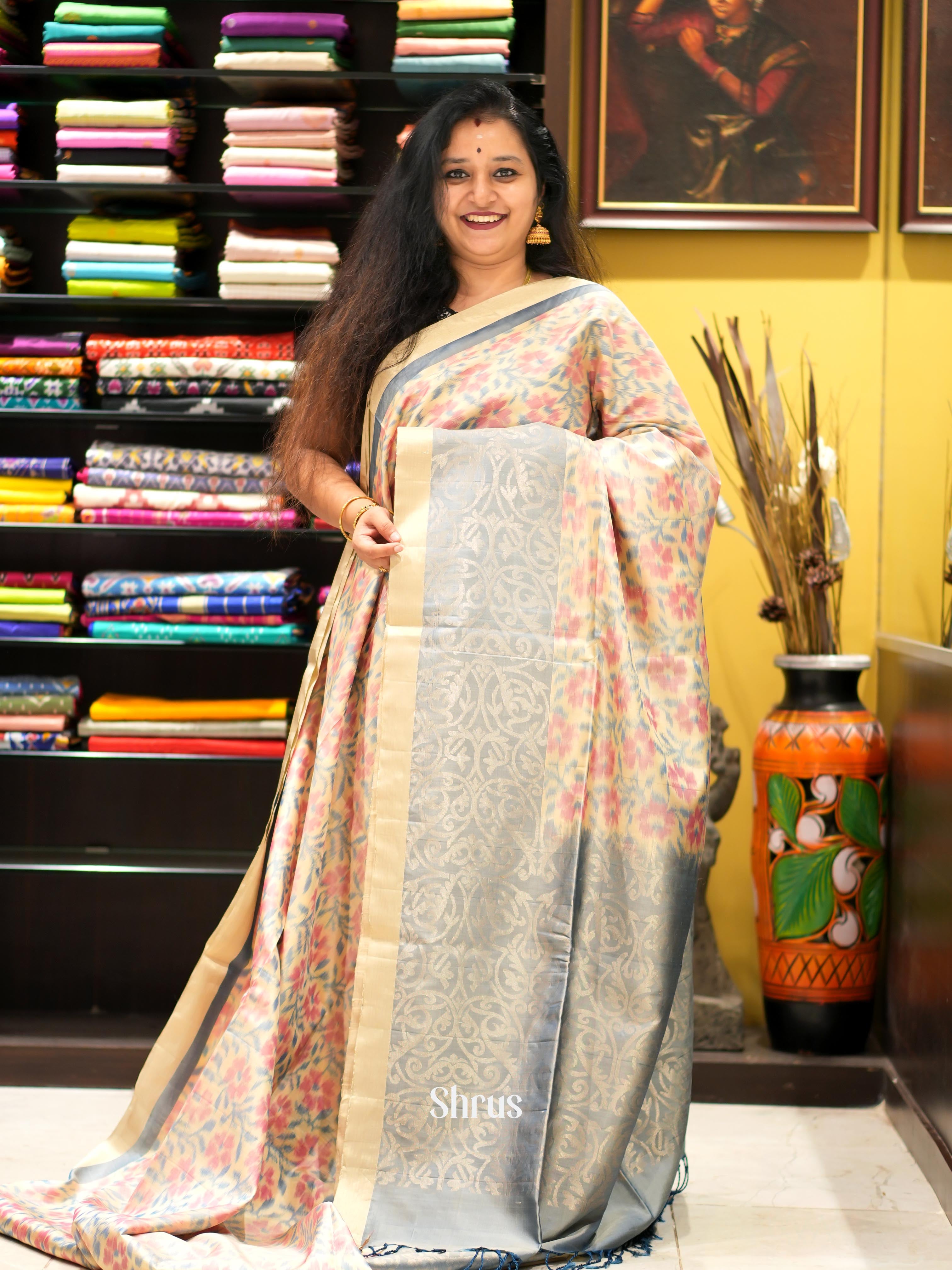 Peach & Grey - Soft Silk Saree - Shop on ShrusEternity.com