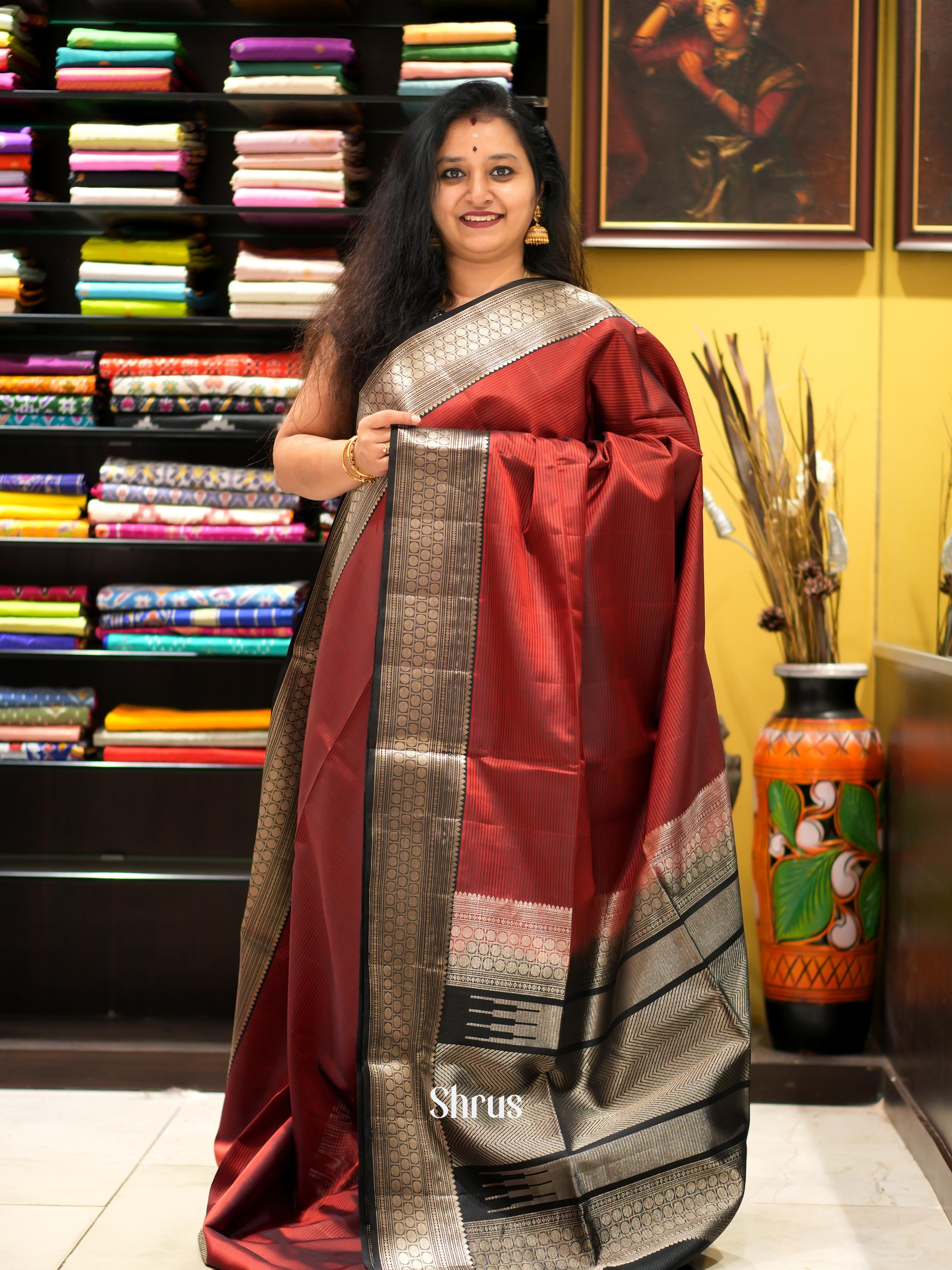 Maroon & Black- Kanchi Border Soft Silk Saree - Shop on ShrusEternity.com