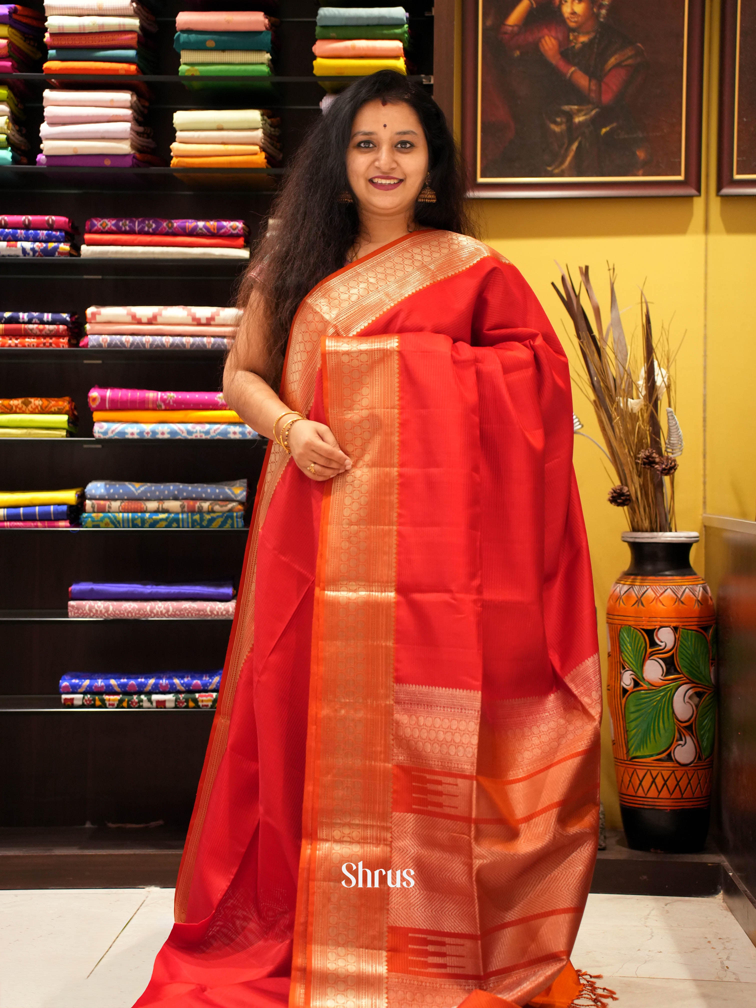 Red & Orange - Soft Silk Saree - Shop on ShrusEternity.com