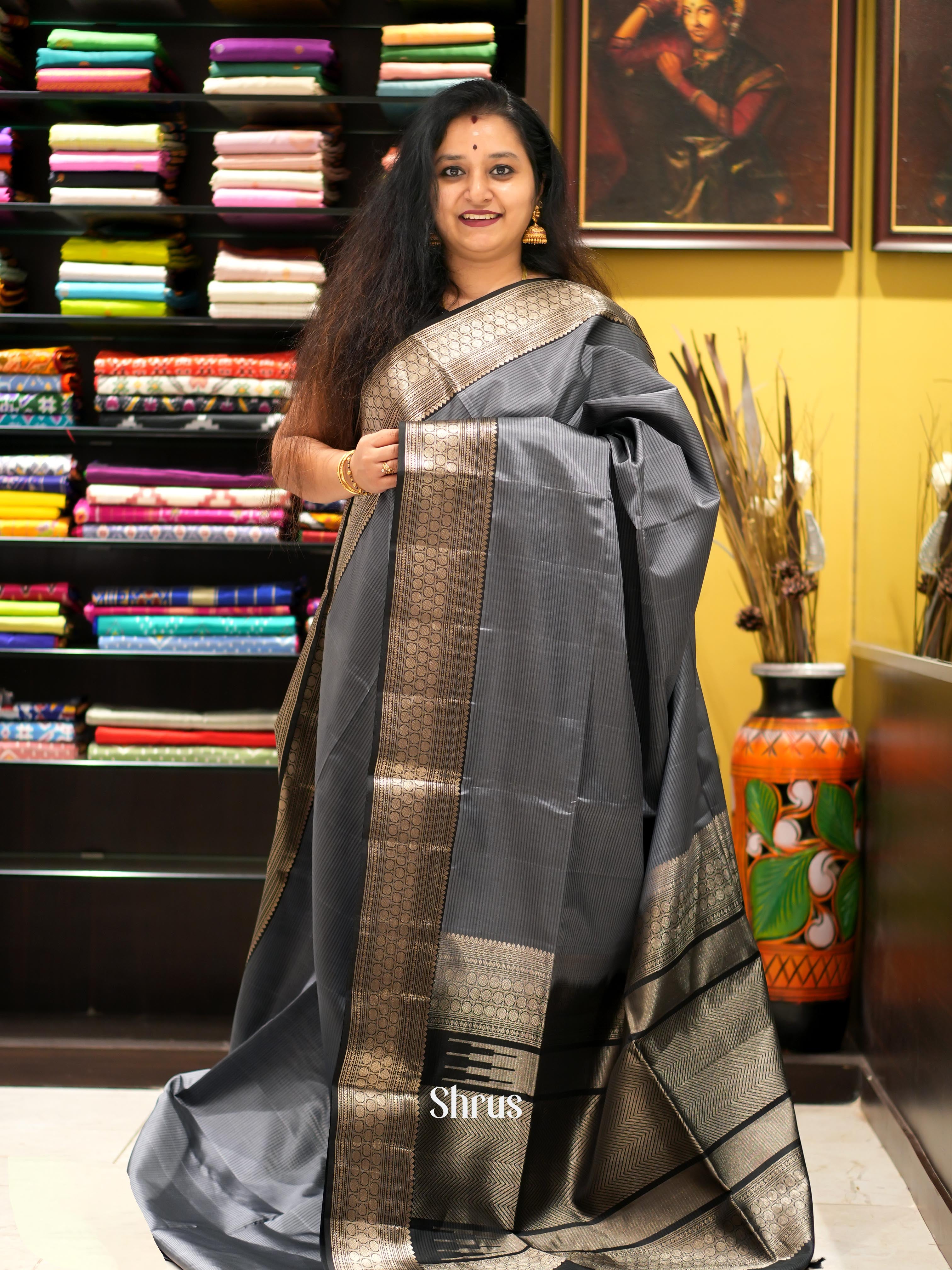 Grey & Black - Kanchi Border Soft Silk Saree - Shop on ShrusEternity.com
