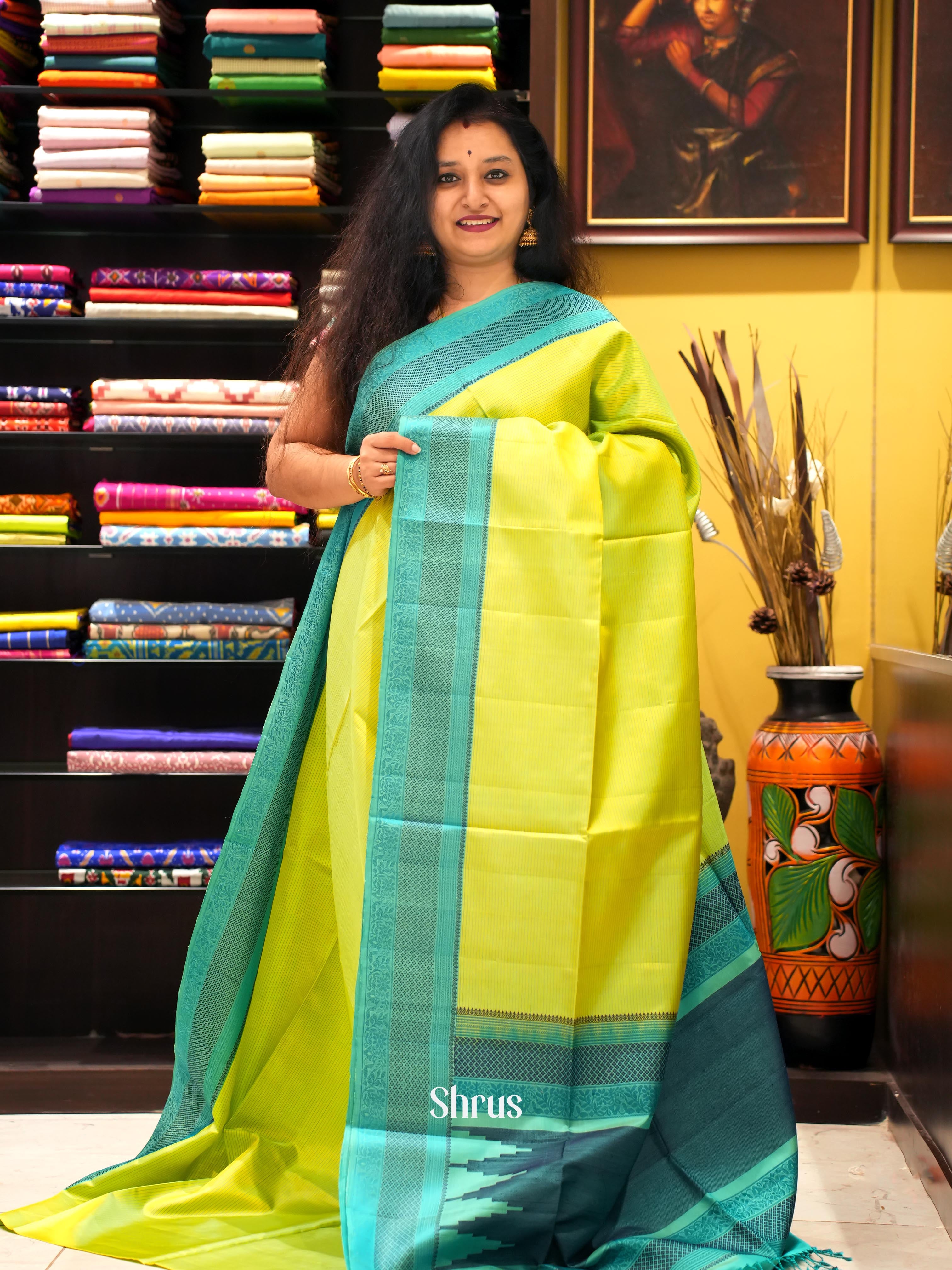 Lime Green & Teal - Soft Silk Saree - Shop on ShrusEternity.com