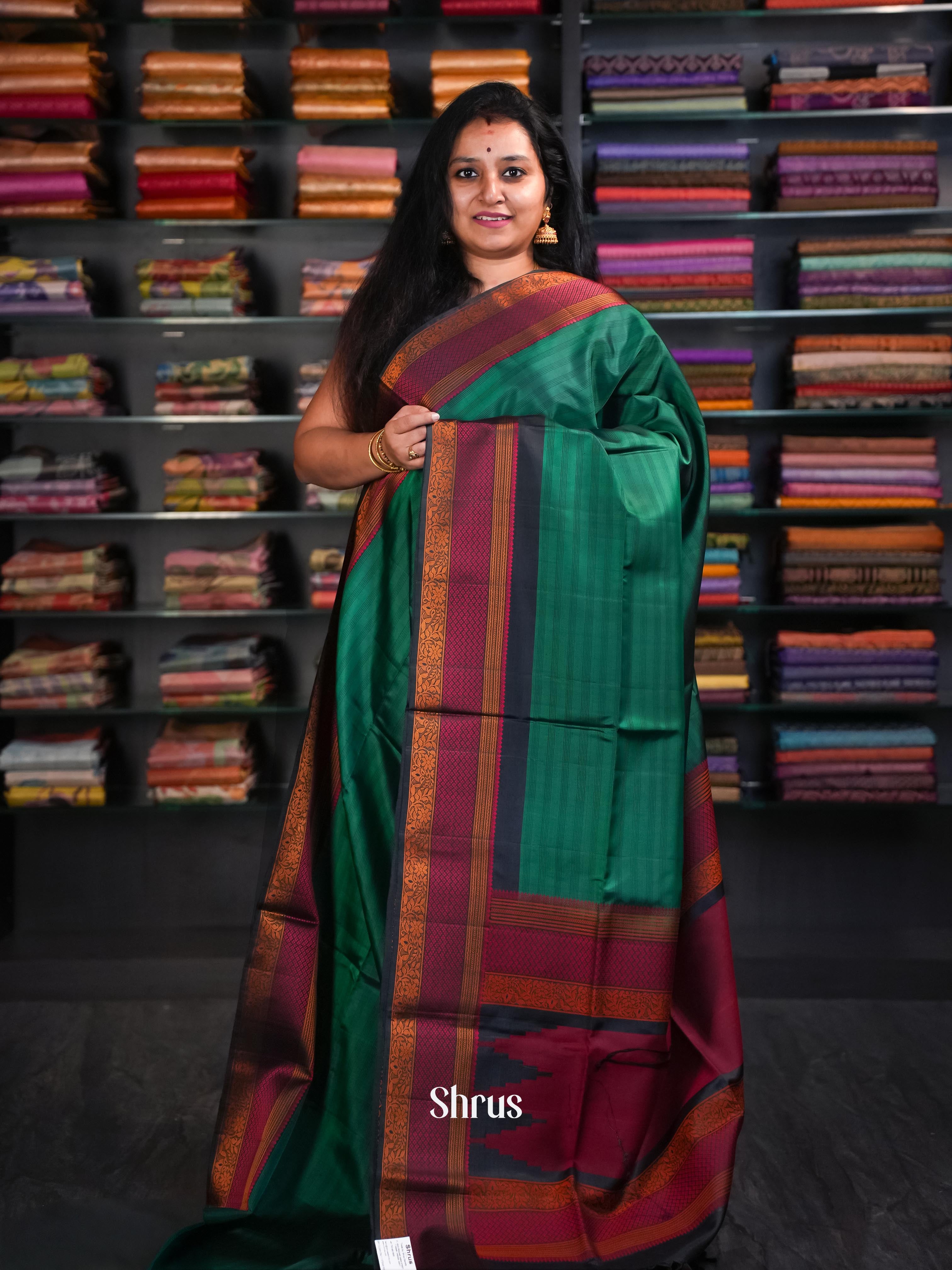 Green & Maroon - Soft Silk Saree - Shop on ShrusEternity.com