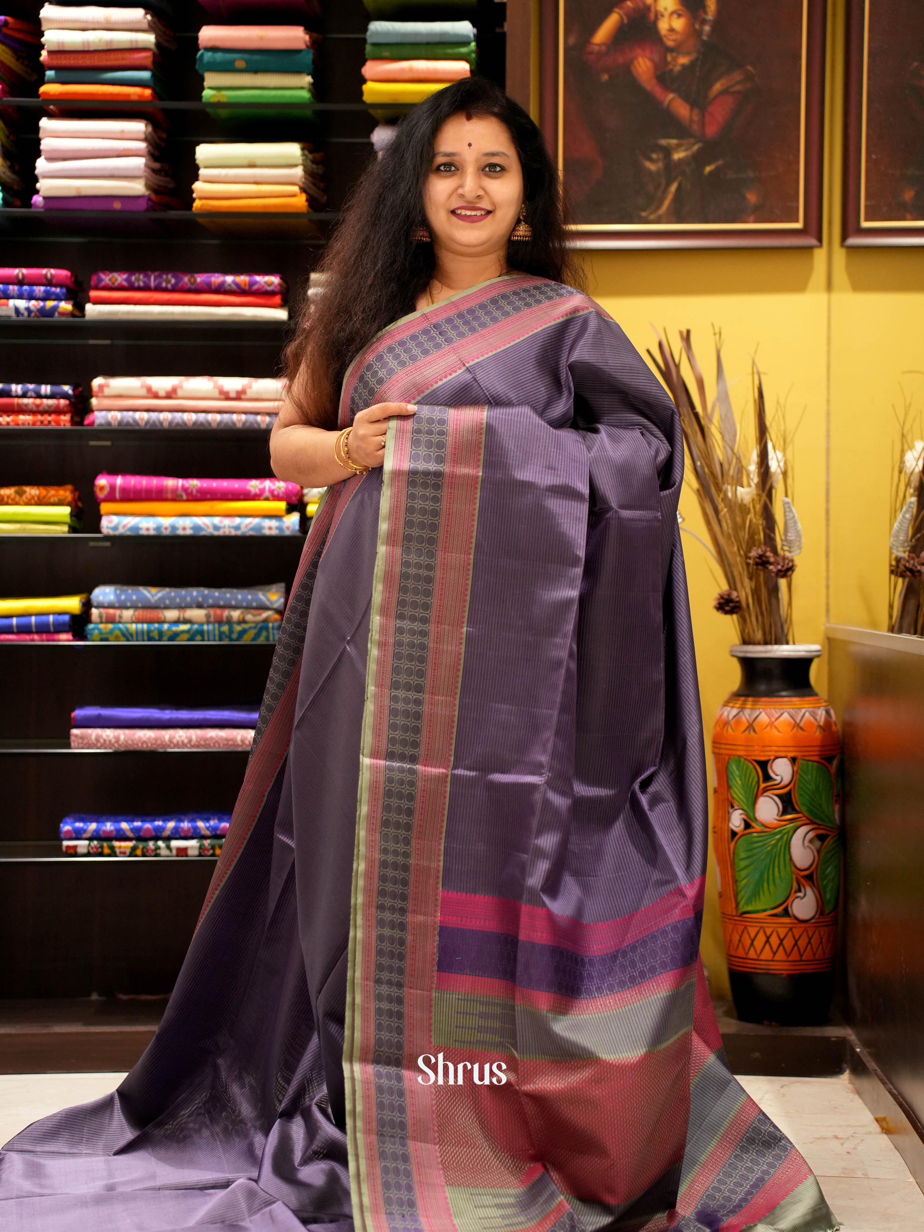 Purple & Dull Gold - Soft Silk Saree - Shop on ShrusEternity.com
