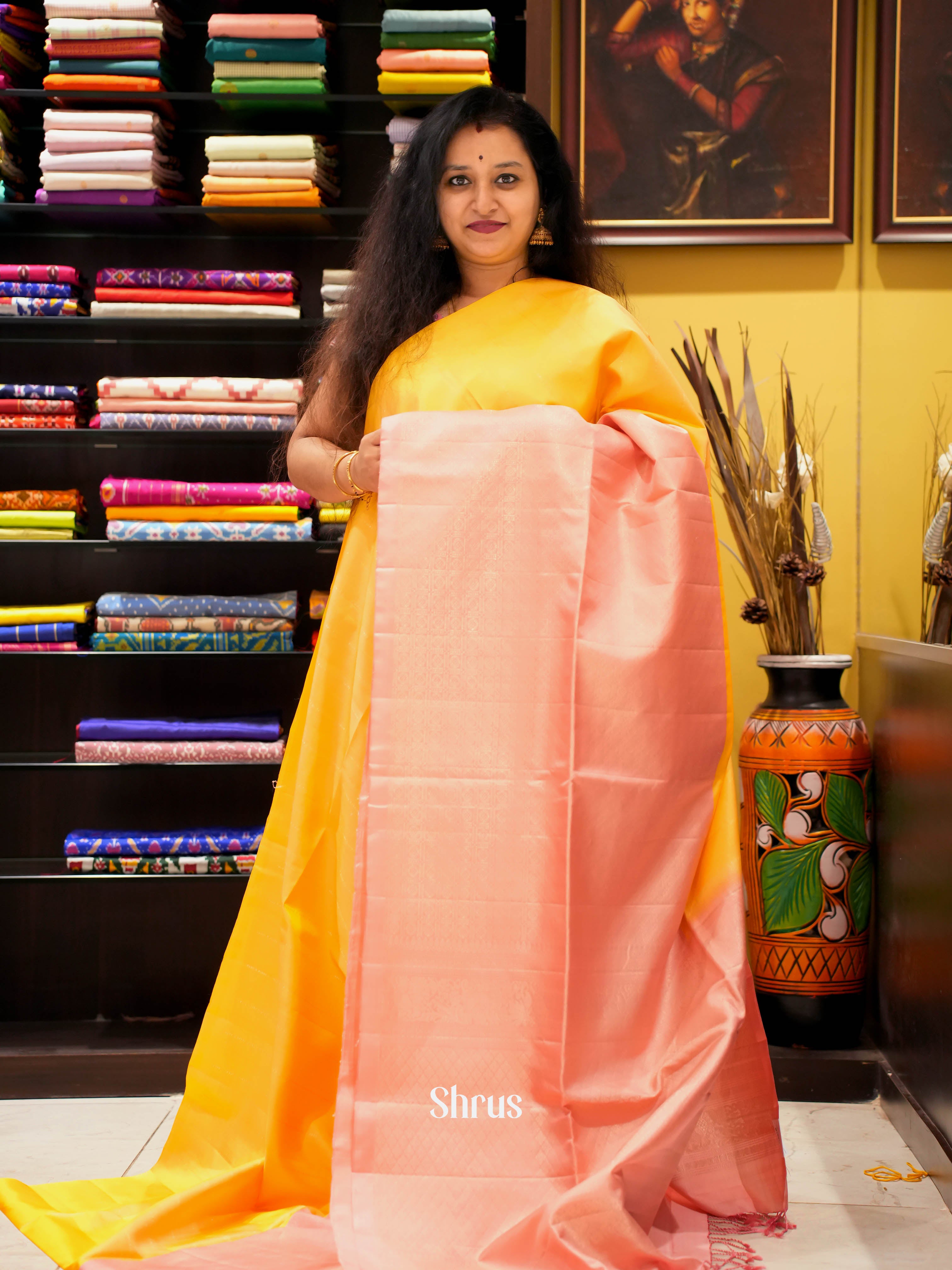 Yellow & Peach - Soft Silk Saree - Shop on ShrusEternity.com
