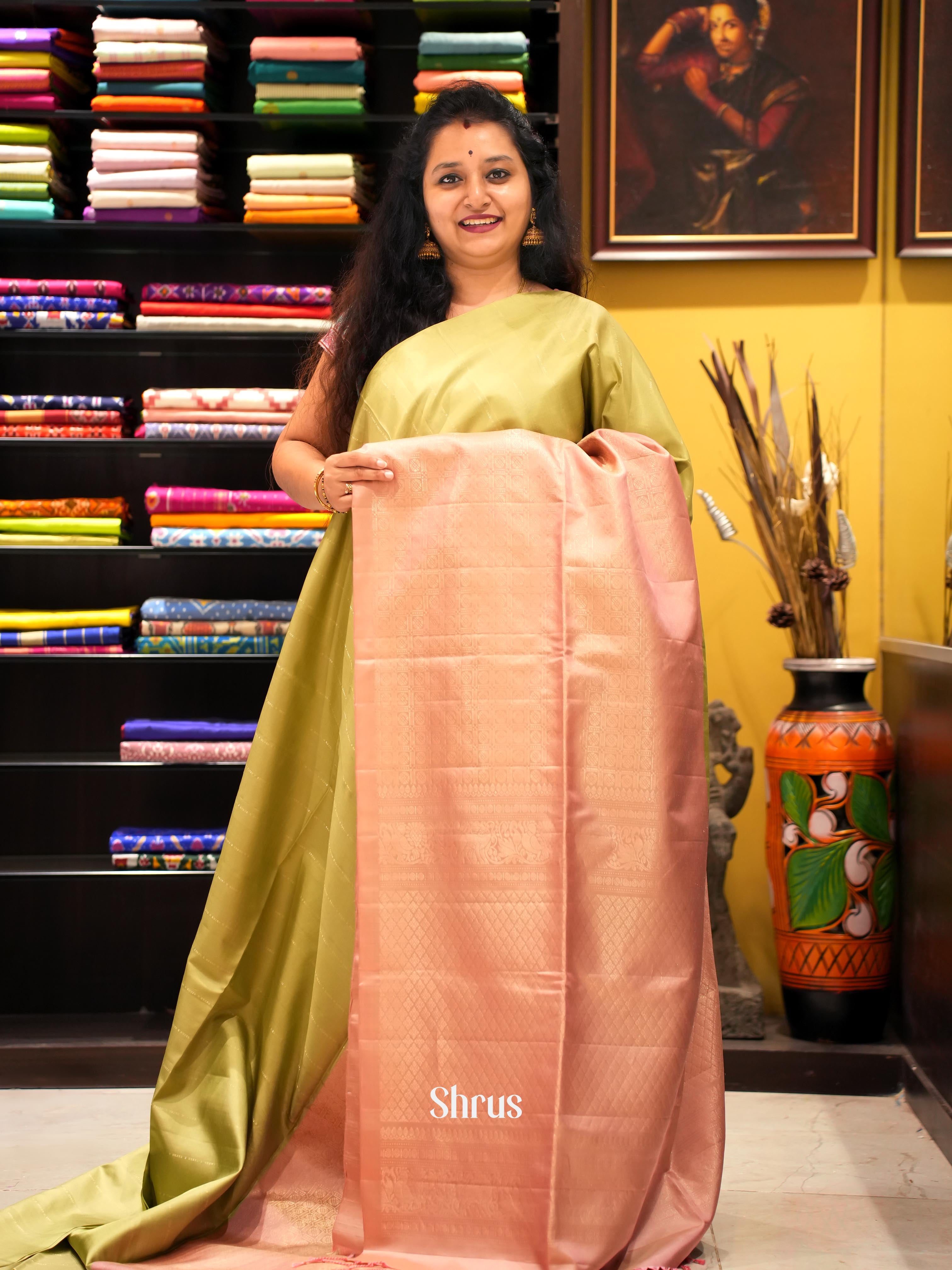 Green & Peach - Soft Silk Saree - Shop on ShrusEternity.com