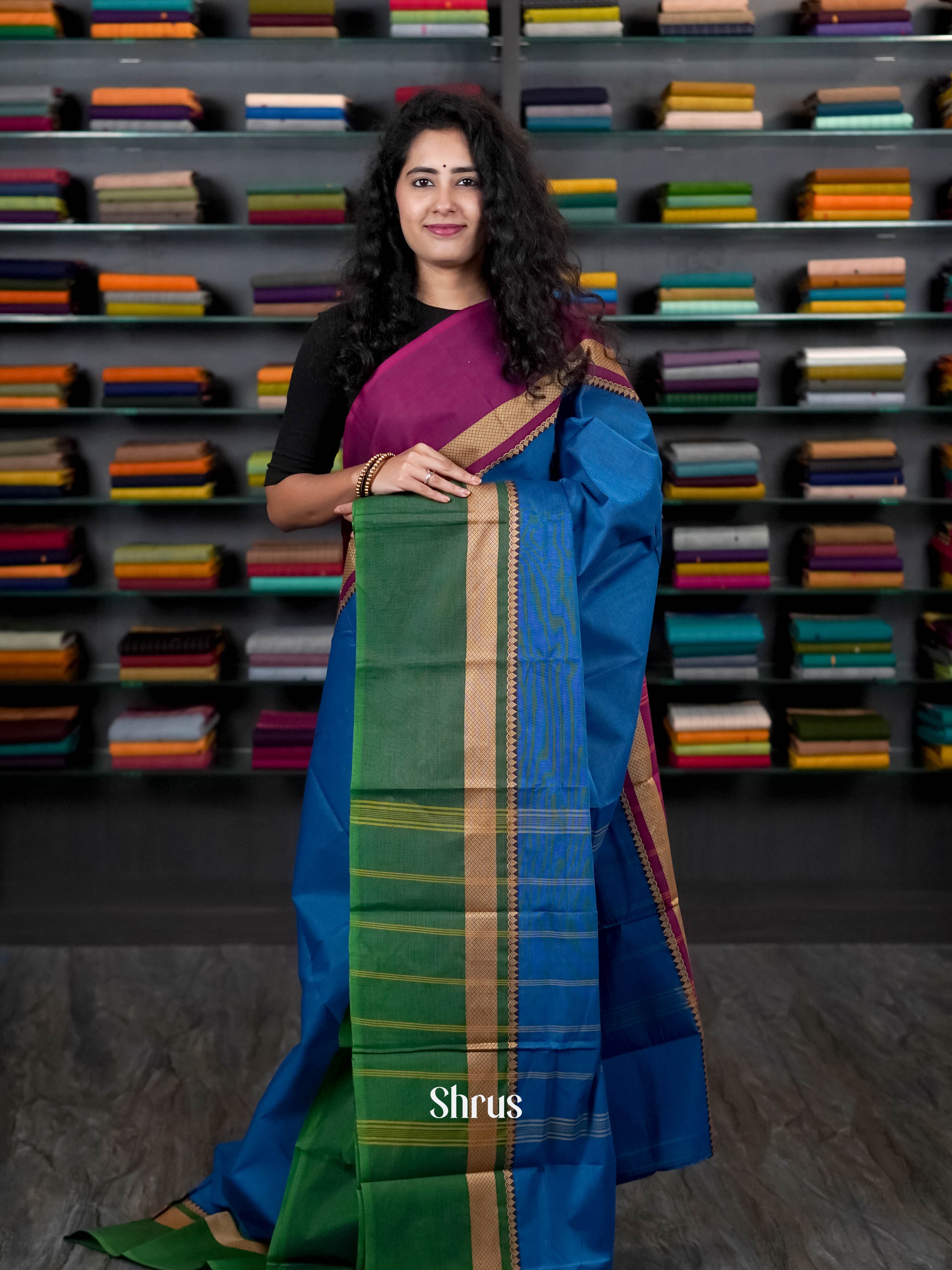 Blue & Green - Chettinad Cotton Saree - Shop on ShrusEternity.com