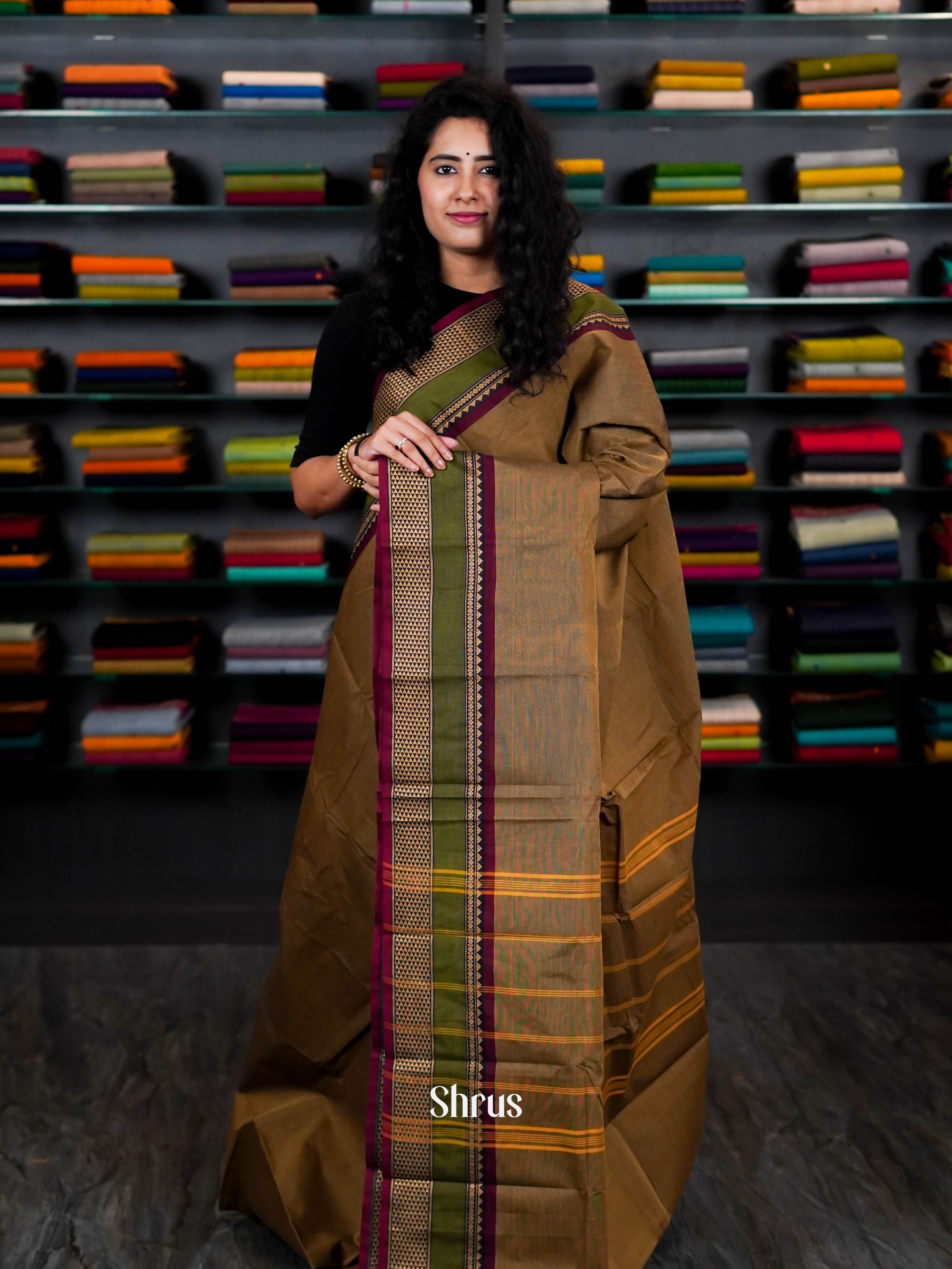 Brown & Maroon - Chettinad Cotton Saree - Shop on ShrusEternity.com