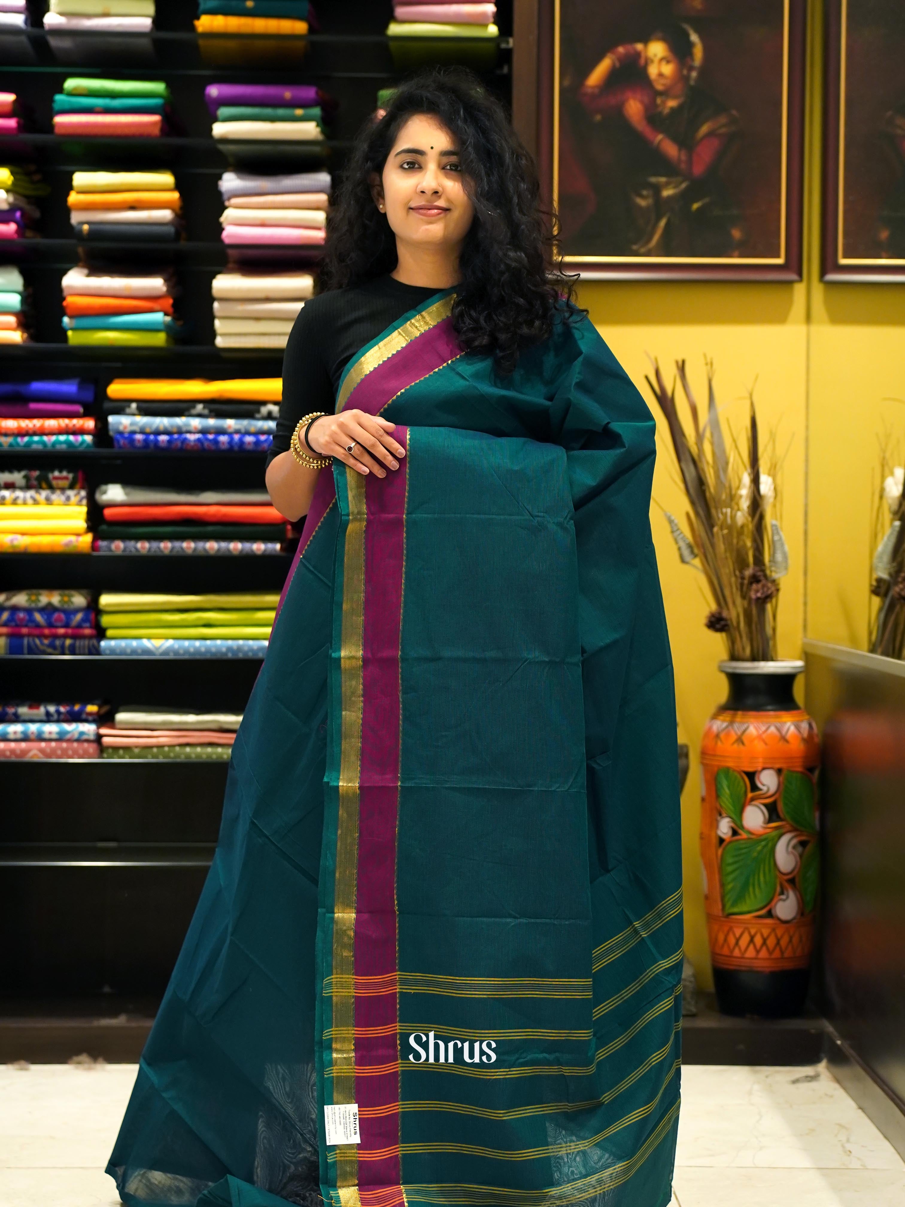 Peacock Blue & Pink - Chettinad Cotton Saree - Shop on ShrusEternity.com