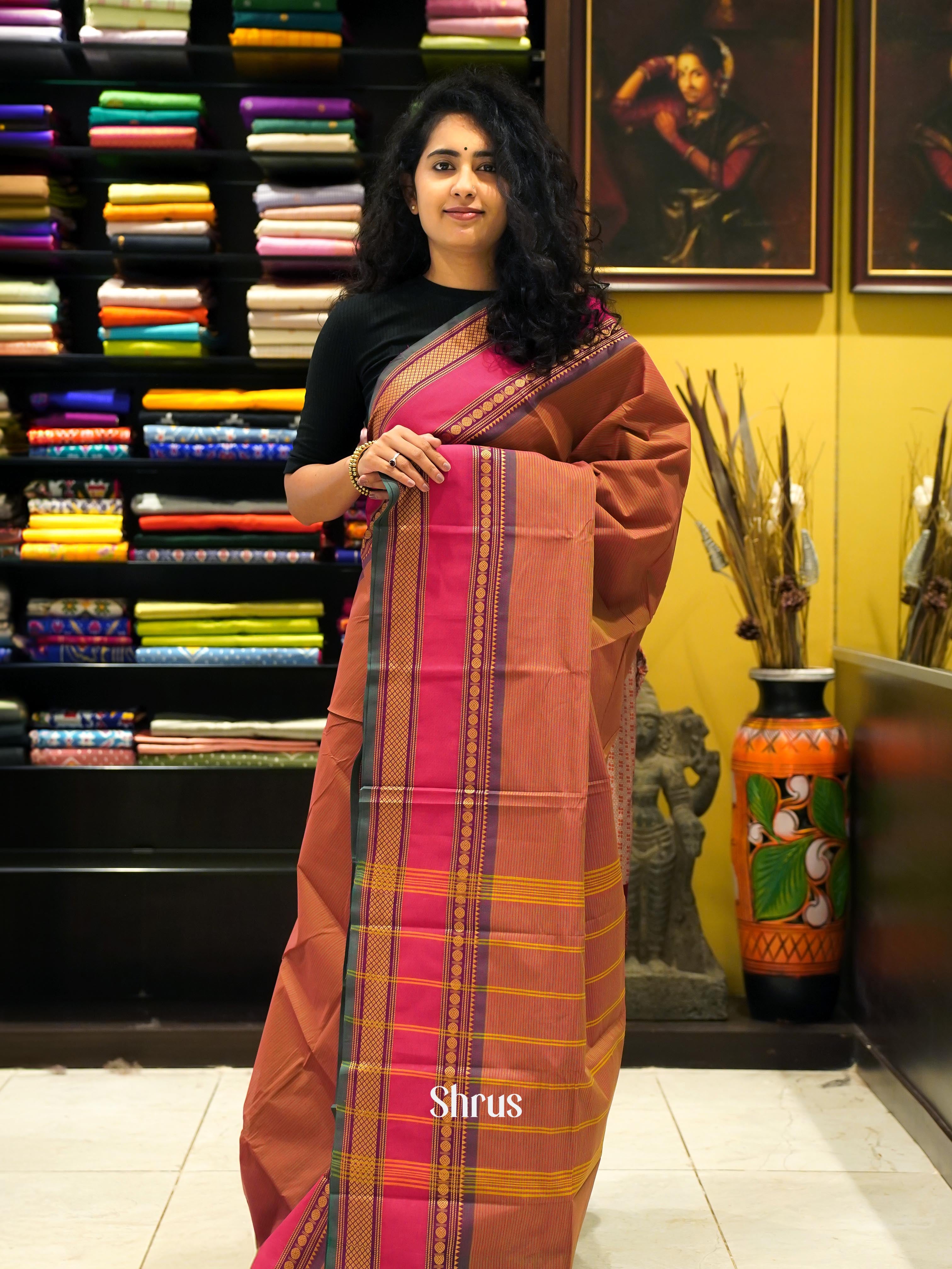 Brown & Pink - Chettinad Cotton Saree - Shop on ShrusEternity.com