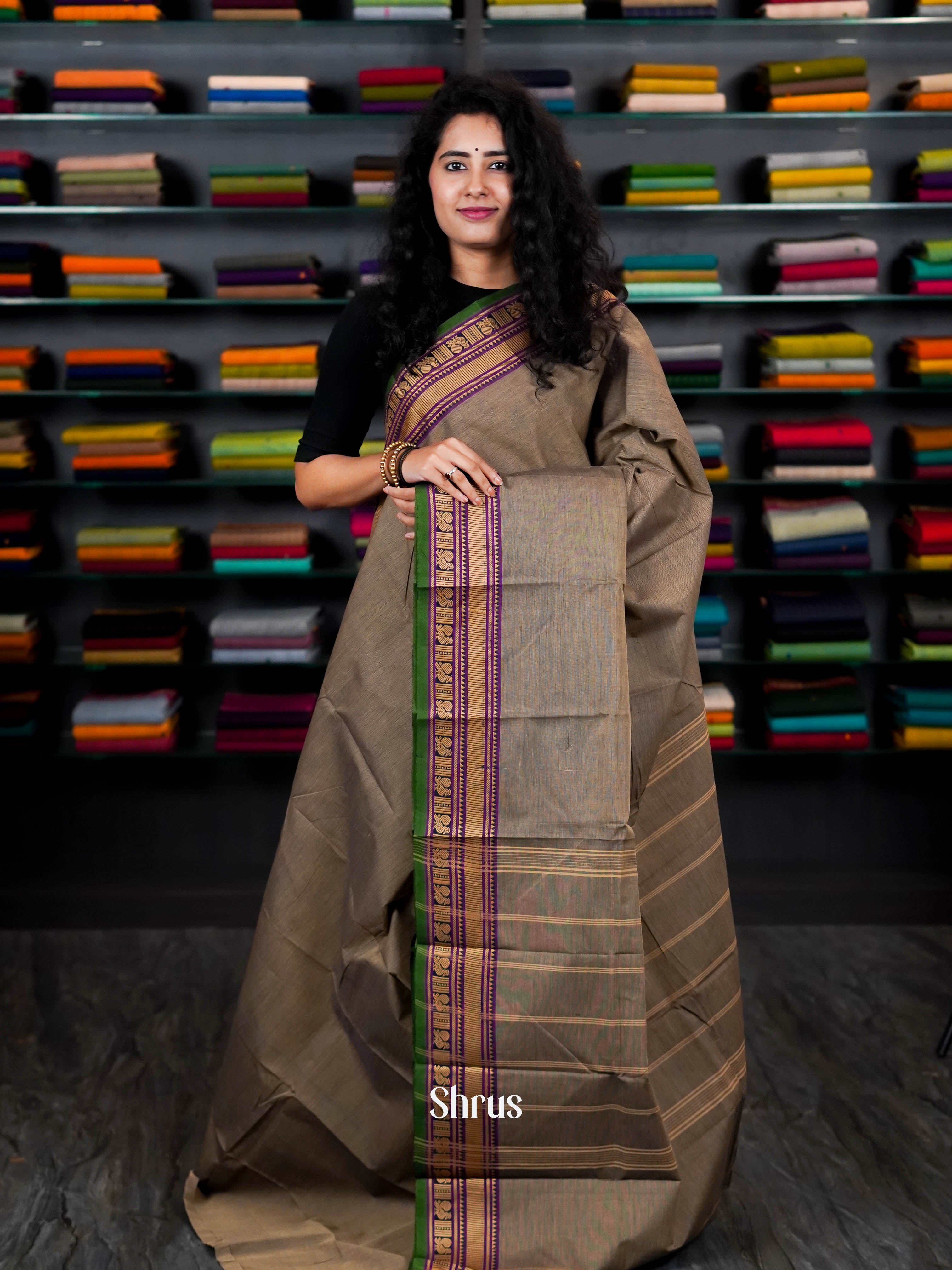 Grey & Green - Chettinad Cotton Saree - Shop on ShrusEternity.com
