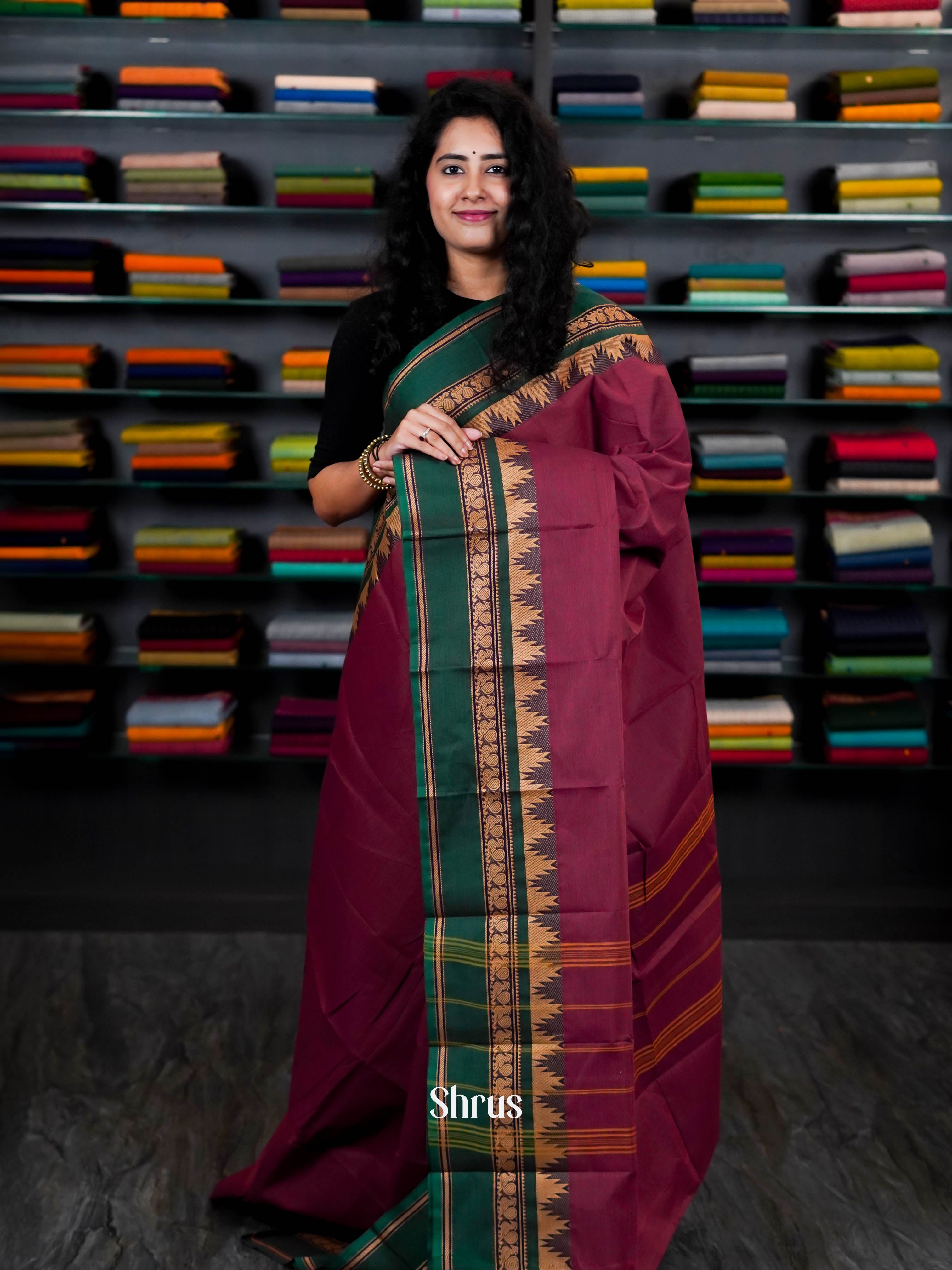 Maroon & Green - Chettinad Cotton Saree - Shop on ShrusEternity.com