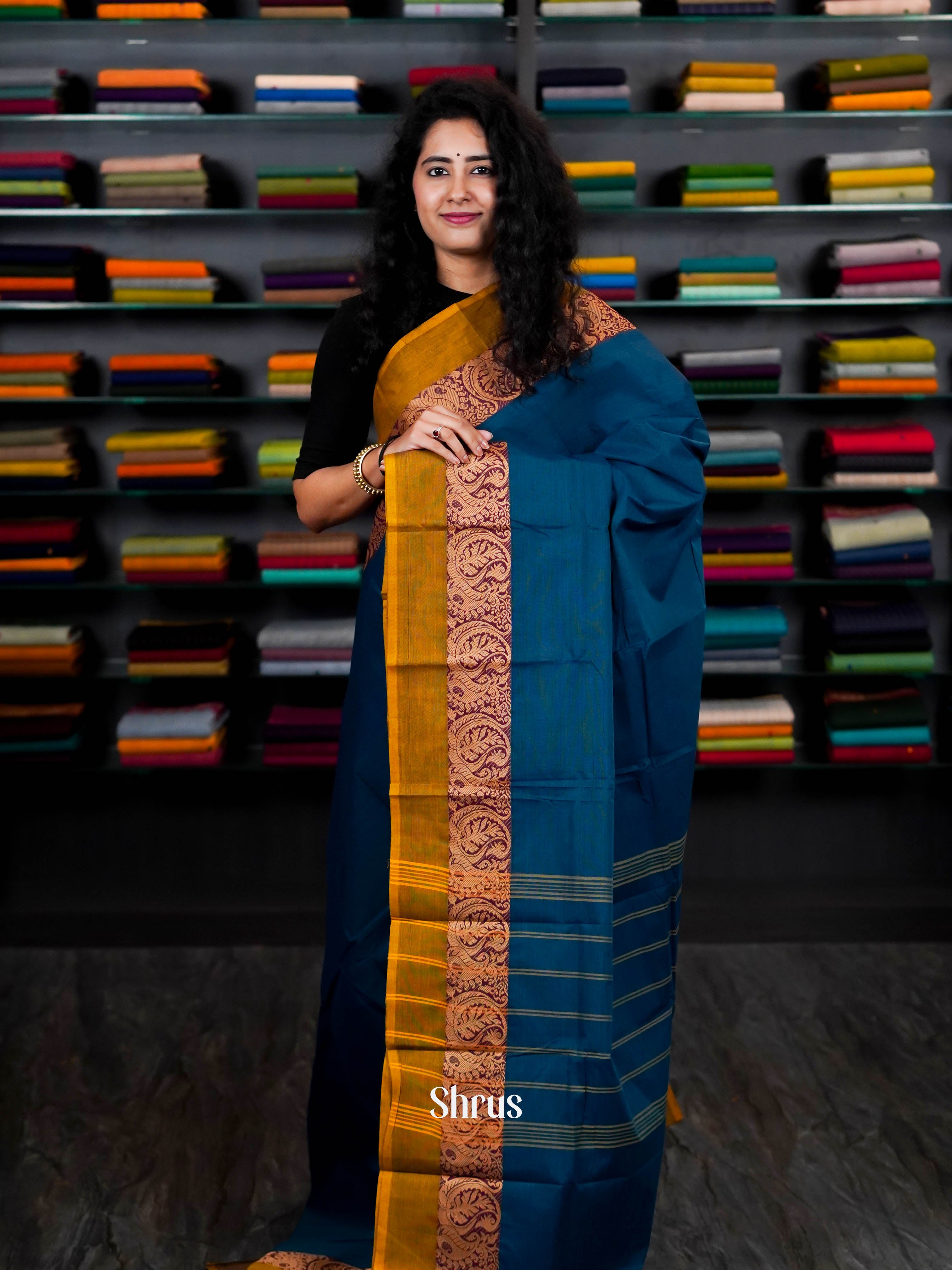 Blue & brown - Chettinad Cotton Saree - Shop on ShrusEternity.com