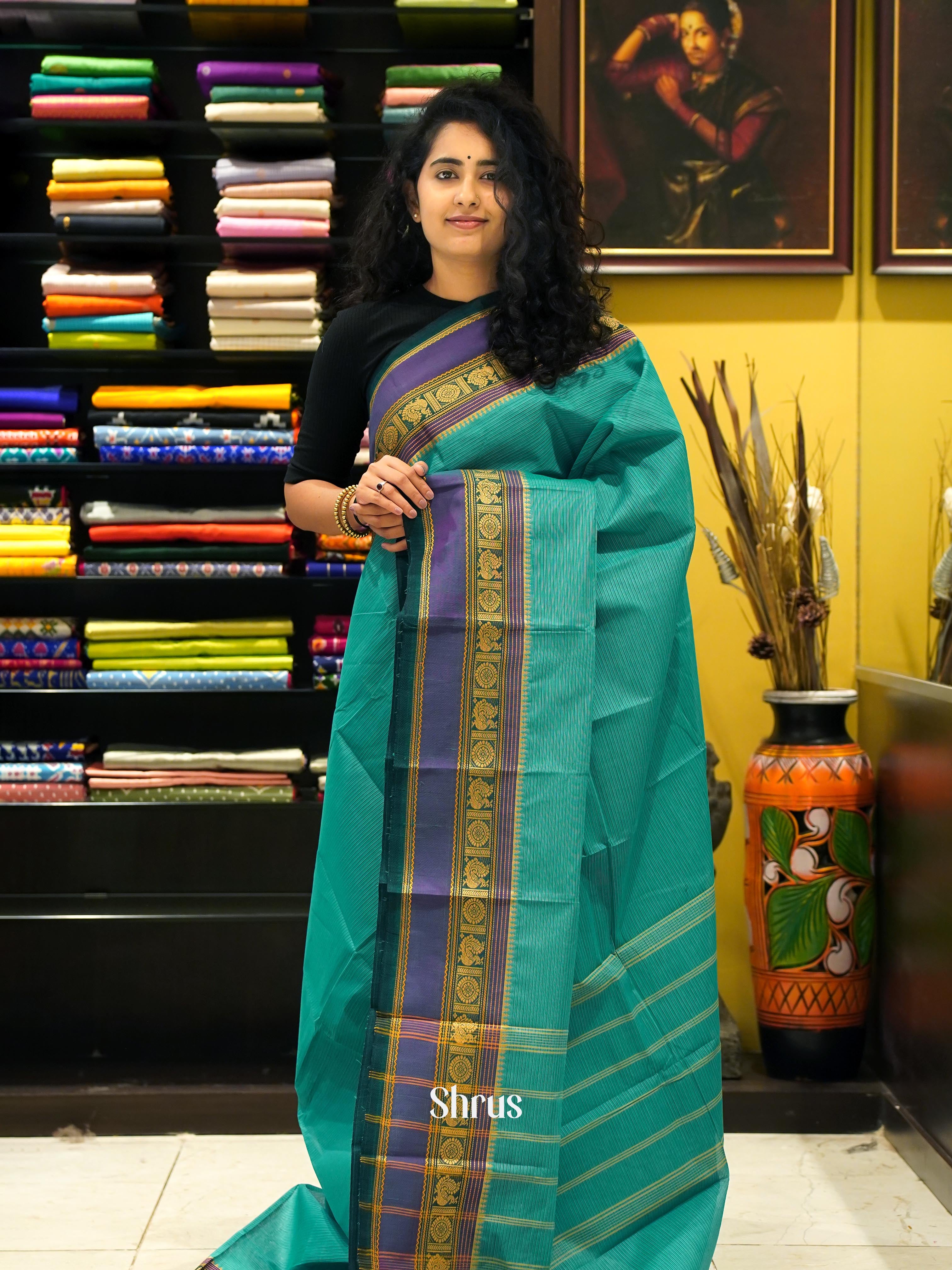 Teal & Purple - Chettinad Cotton Saree - Shop on ShrusEternity.com