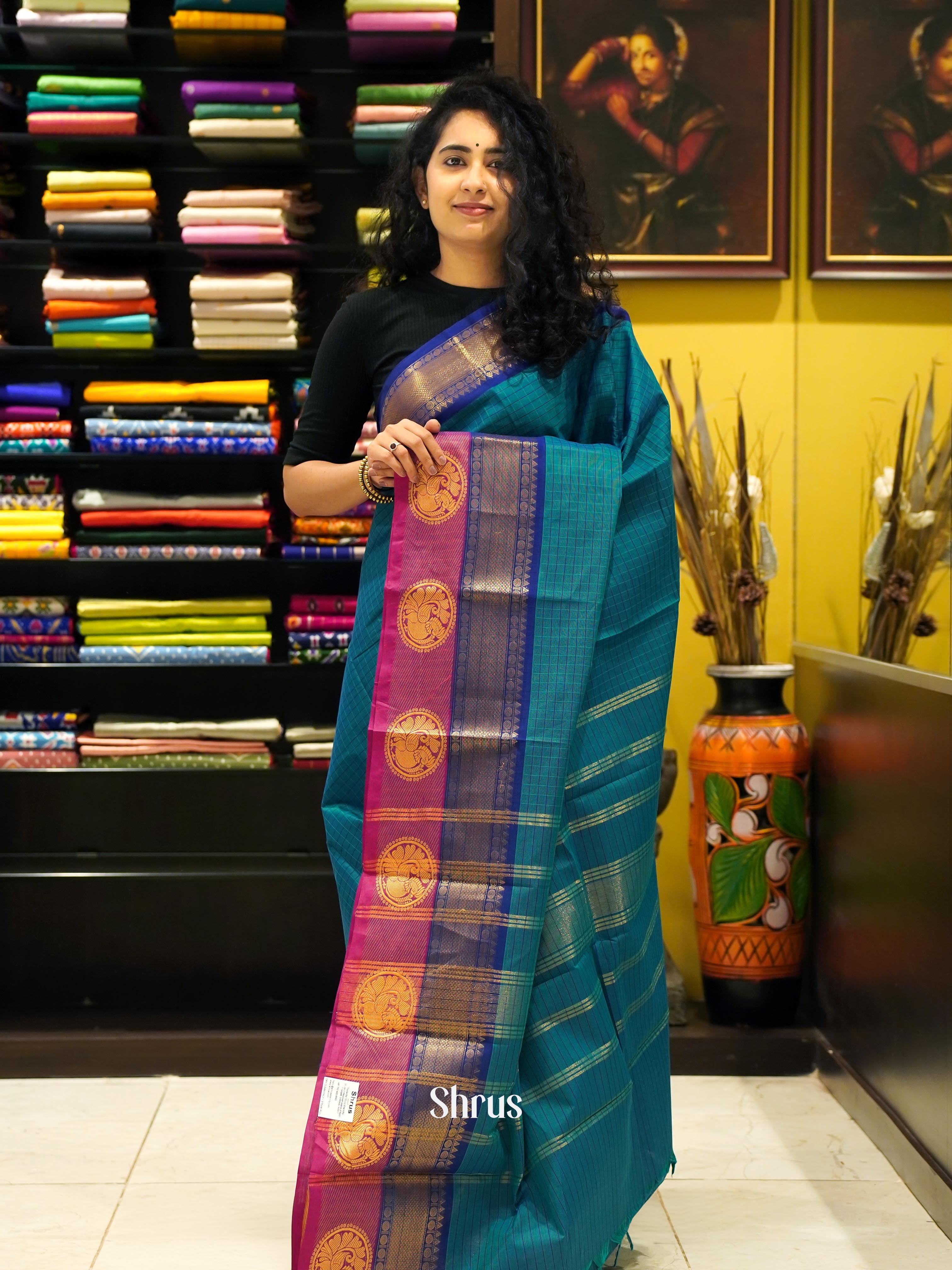 Blue & Pink - Chettinad Cotton Saree - Shop on ShrusEternity.com